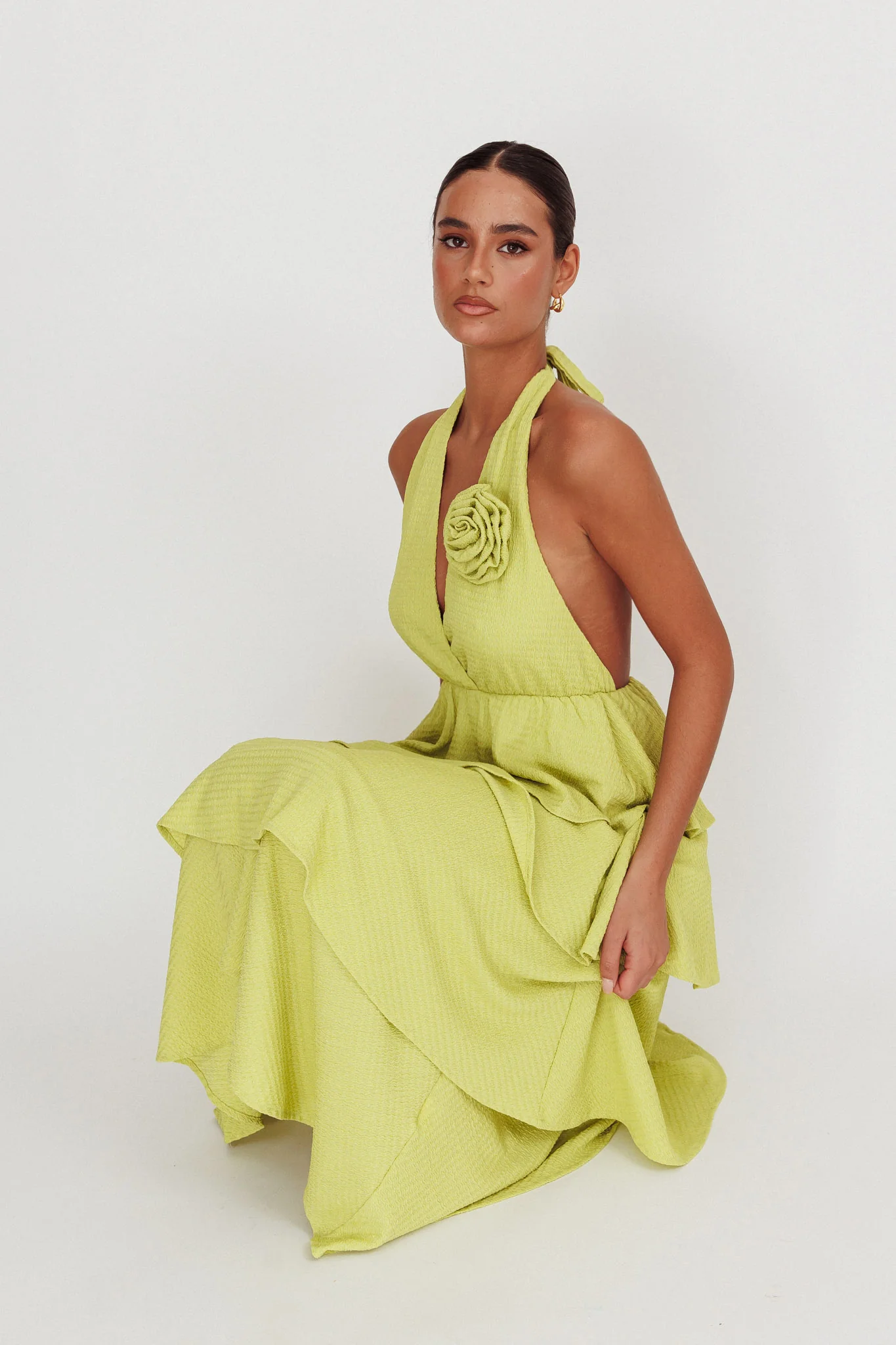 Kimberley Halter Neck Ruffle Maxi Dress Matcha