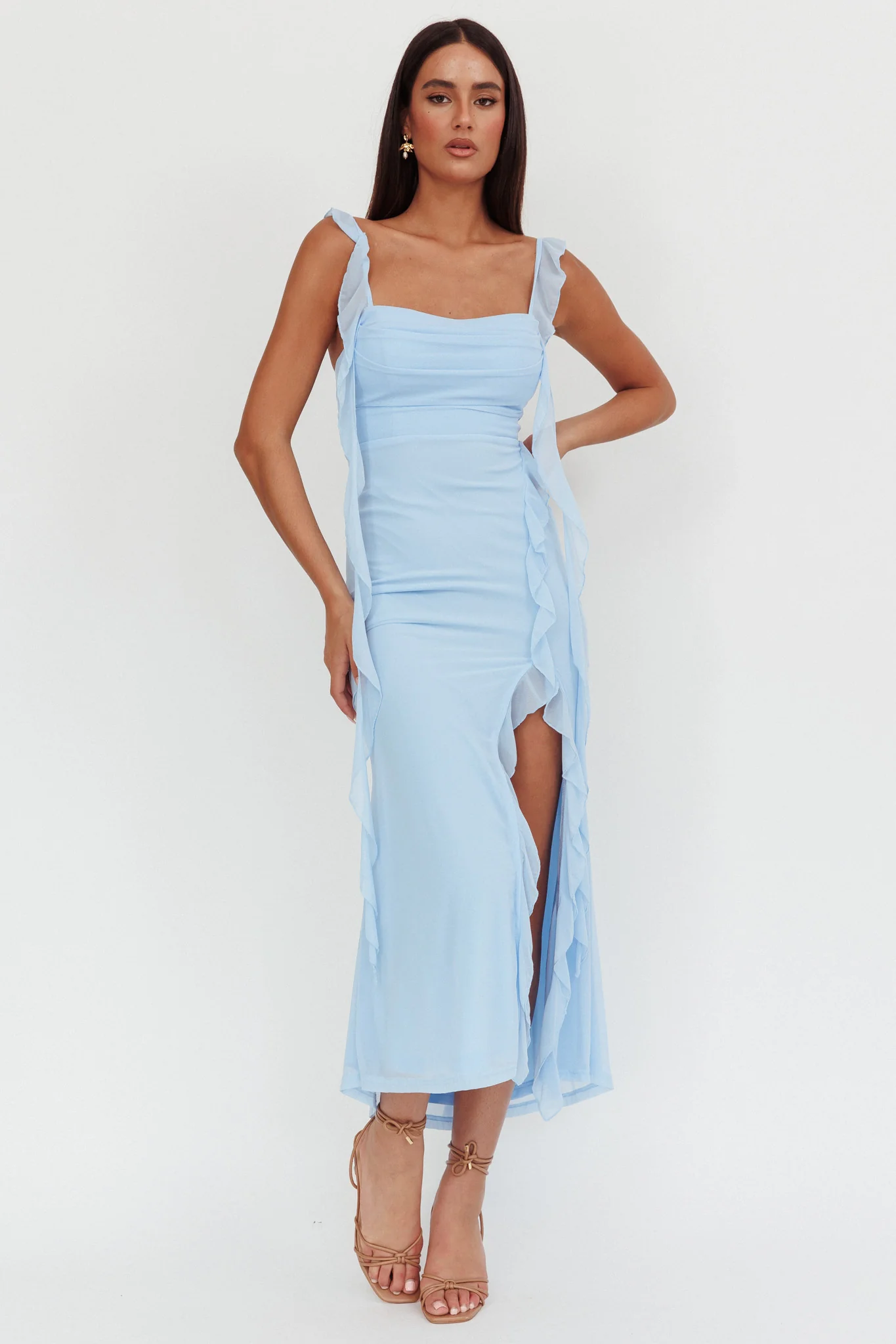 Blushing Ruffle Trim Maxi Dress Blue