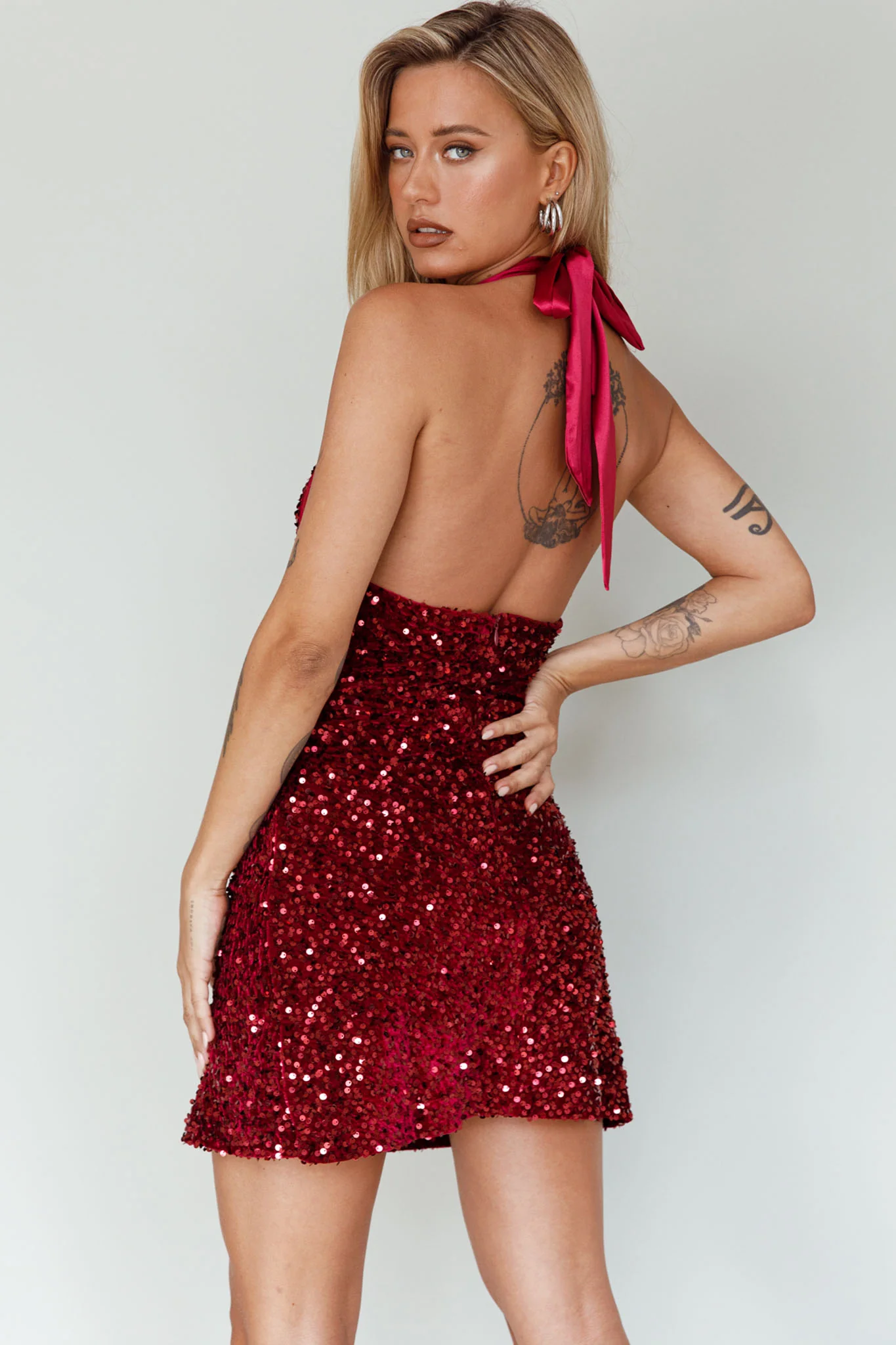 Star Lights Halterneck Mini Dress Sequin Merlot