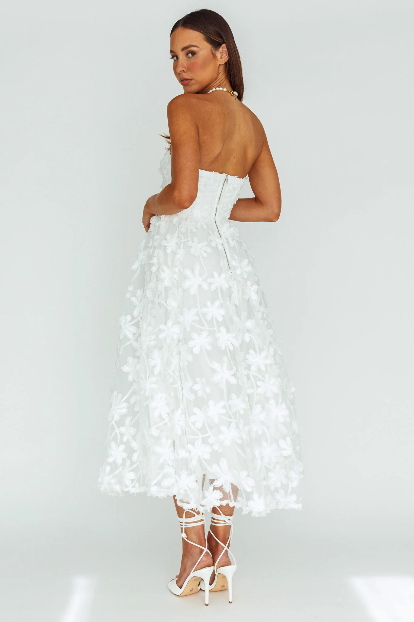 Dori Floral Embellished Midi Dress White