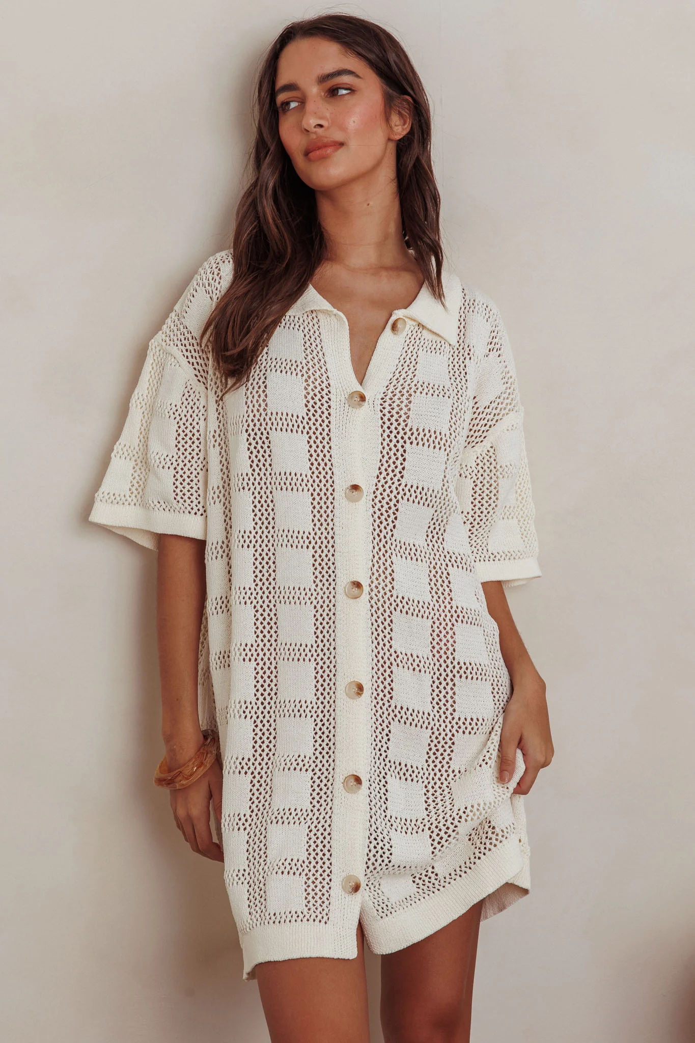 Best Friend Knit Shirt Dress Beige