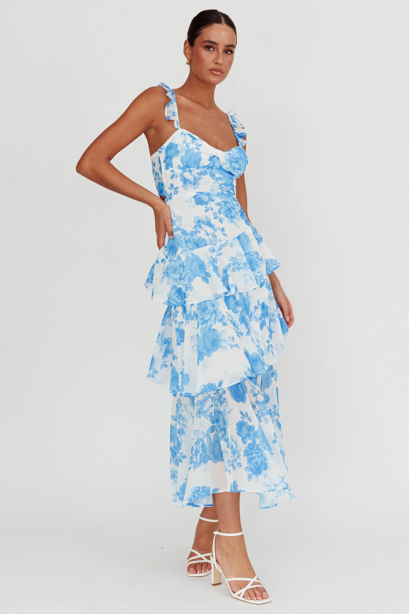 Veda Ruffle Strap Split Maxi Dress Floral White/Blue