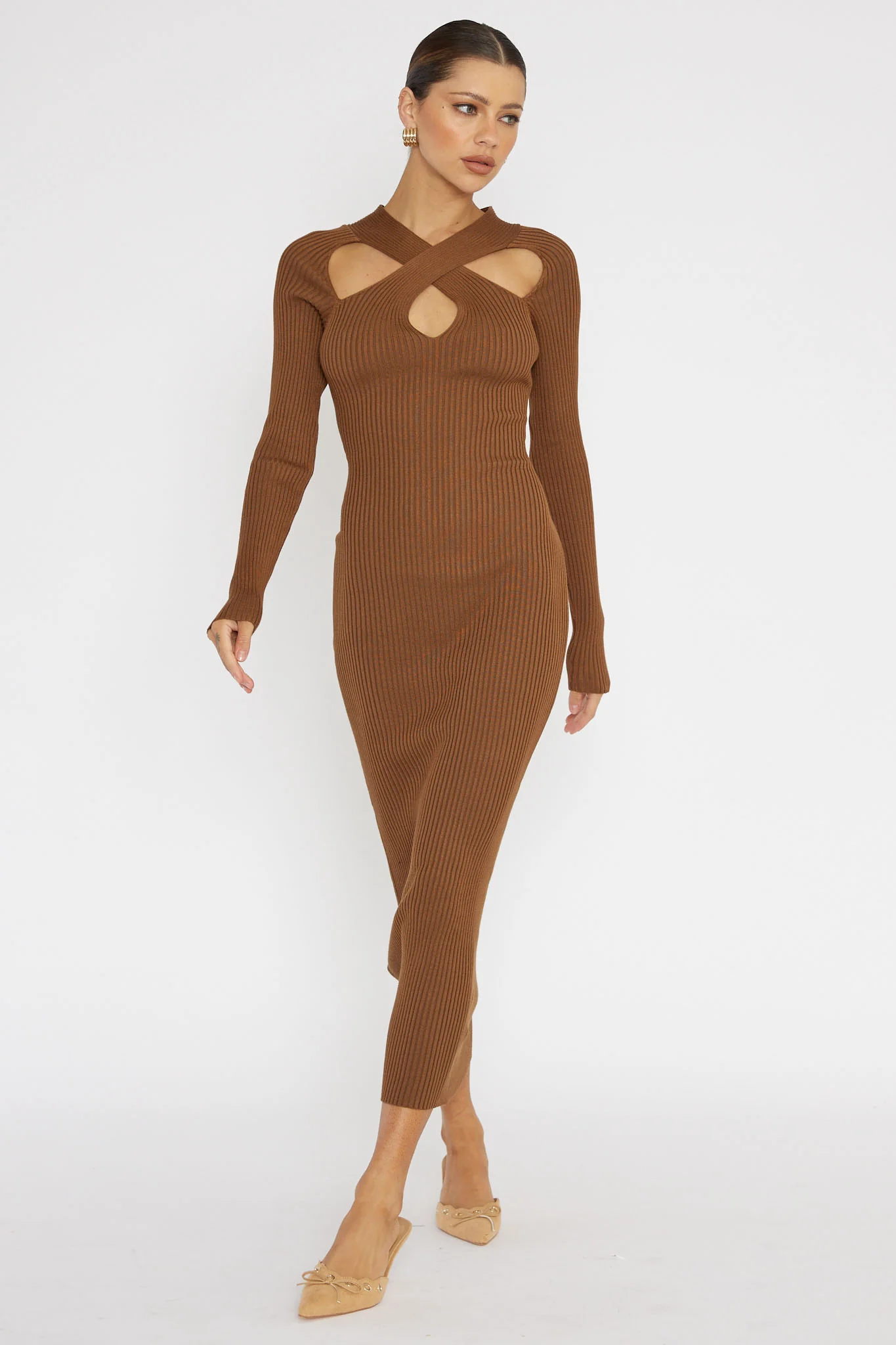 One Mind Cut-Out Neckline Knit Midi Dress Chocolate