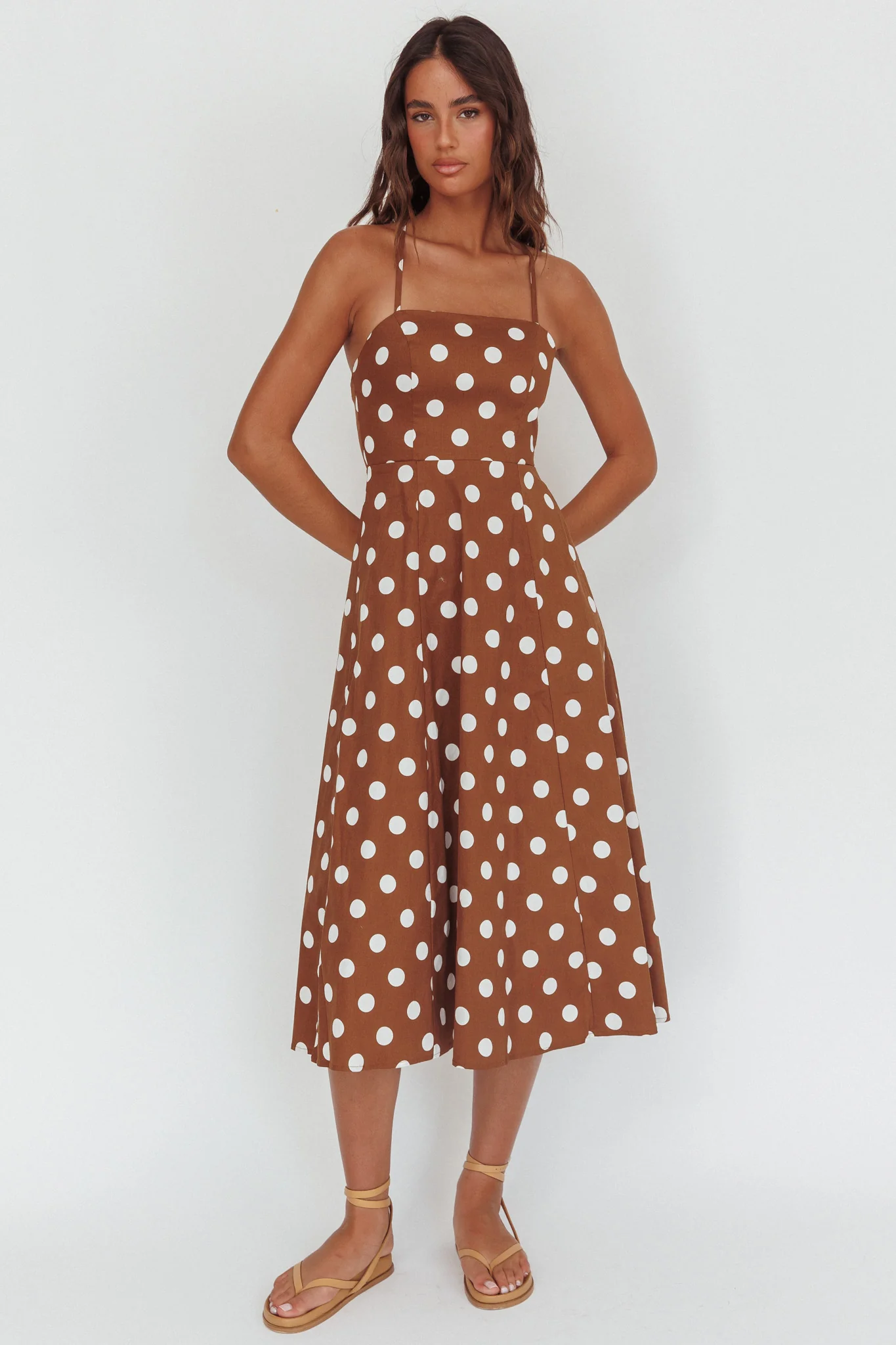 Second Glance Olga Criss-Cross Back Midi Dress Polka Dot Brown