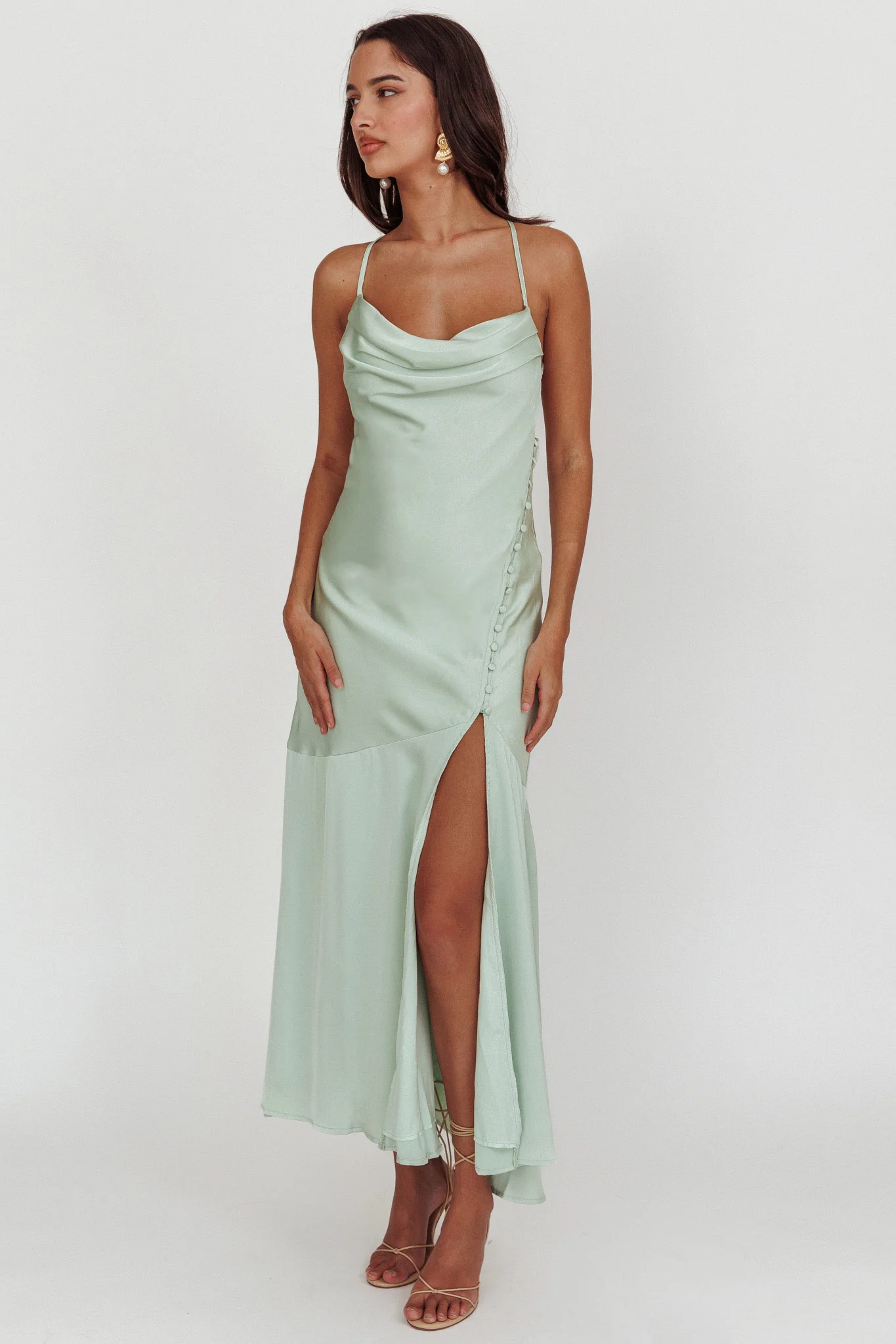 Elpis Cowl Button Satin Maxi Dress Mint