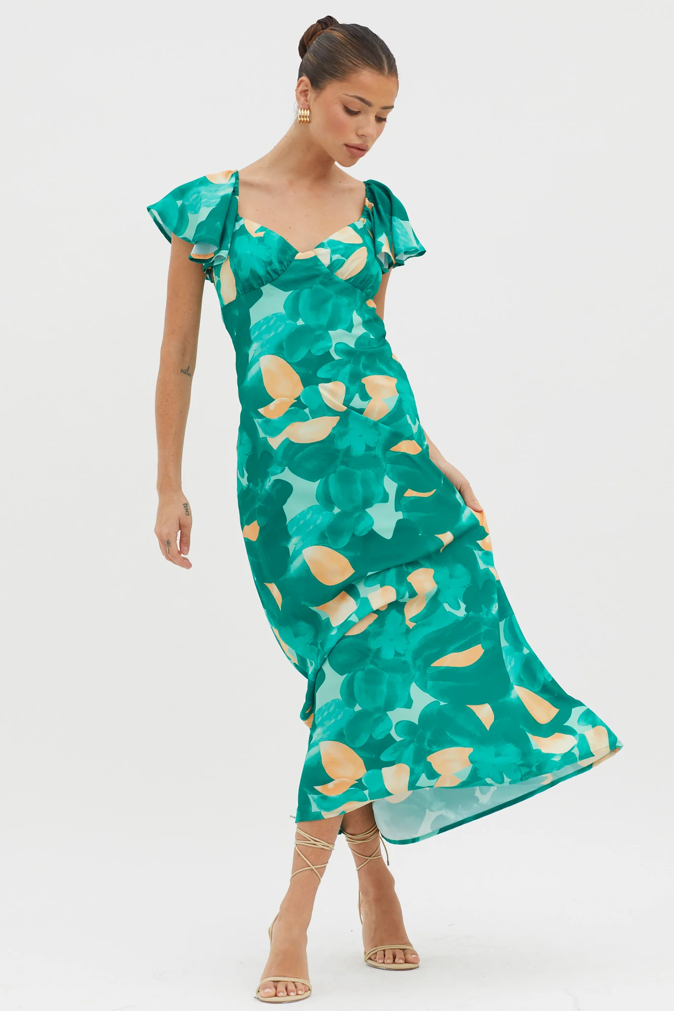 Park Avenue Flutter Sleeve Midi Dress Abstract Green