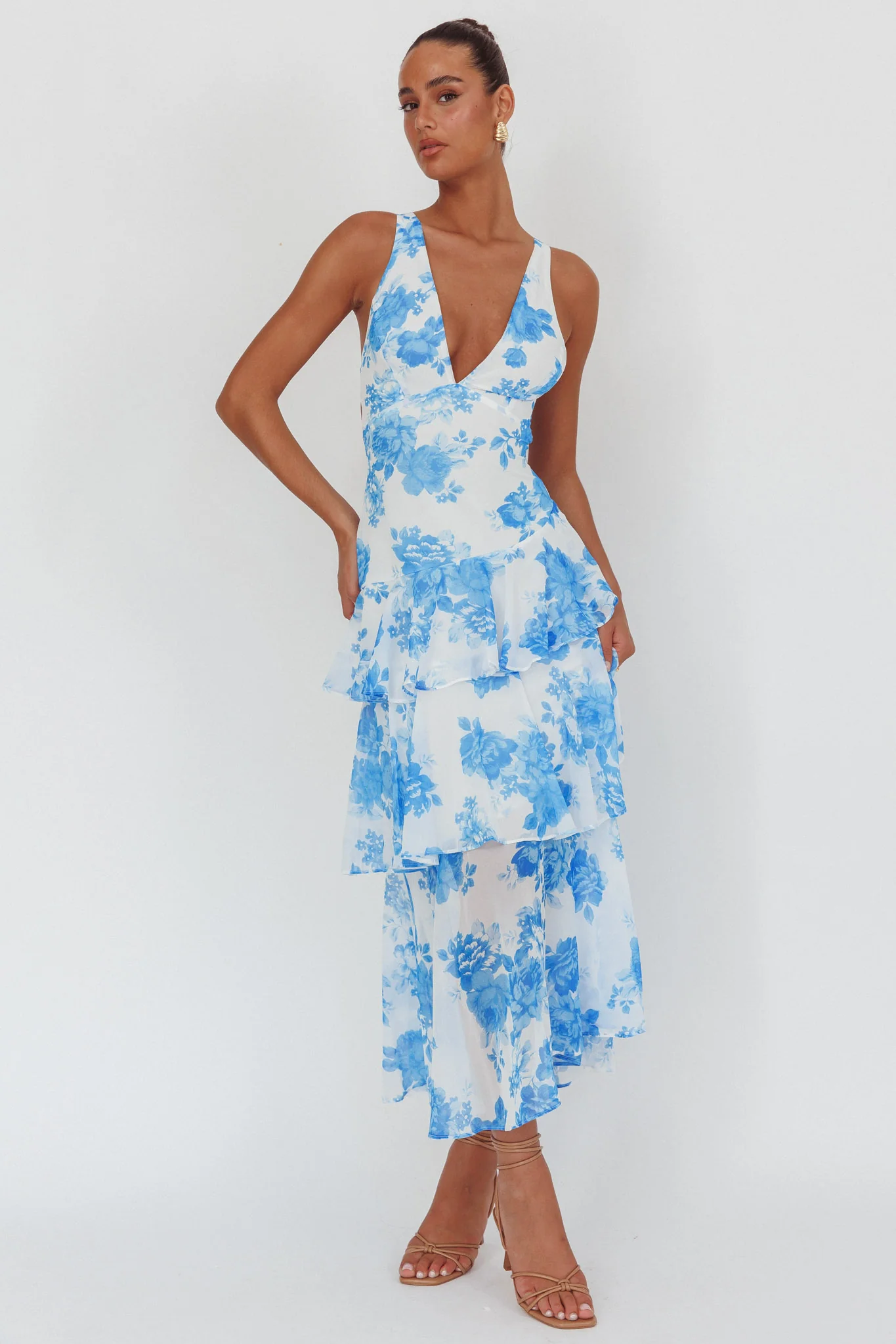 Veda Strappy Back Ruffle Maxi Dress Roses Blue