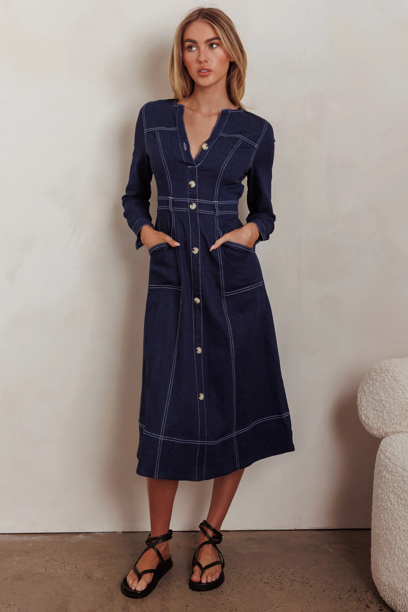 Aspen Love Front Pocket Long Sleeve Midi Dress Indigo