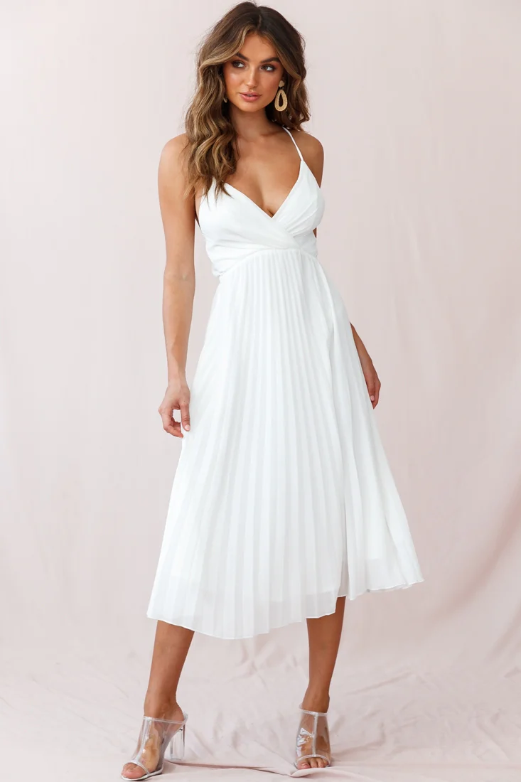 Artemis Accordion Pleat Strappy Back Midi Dress White