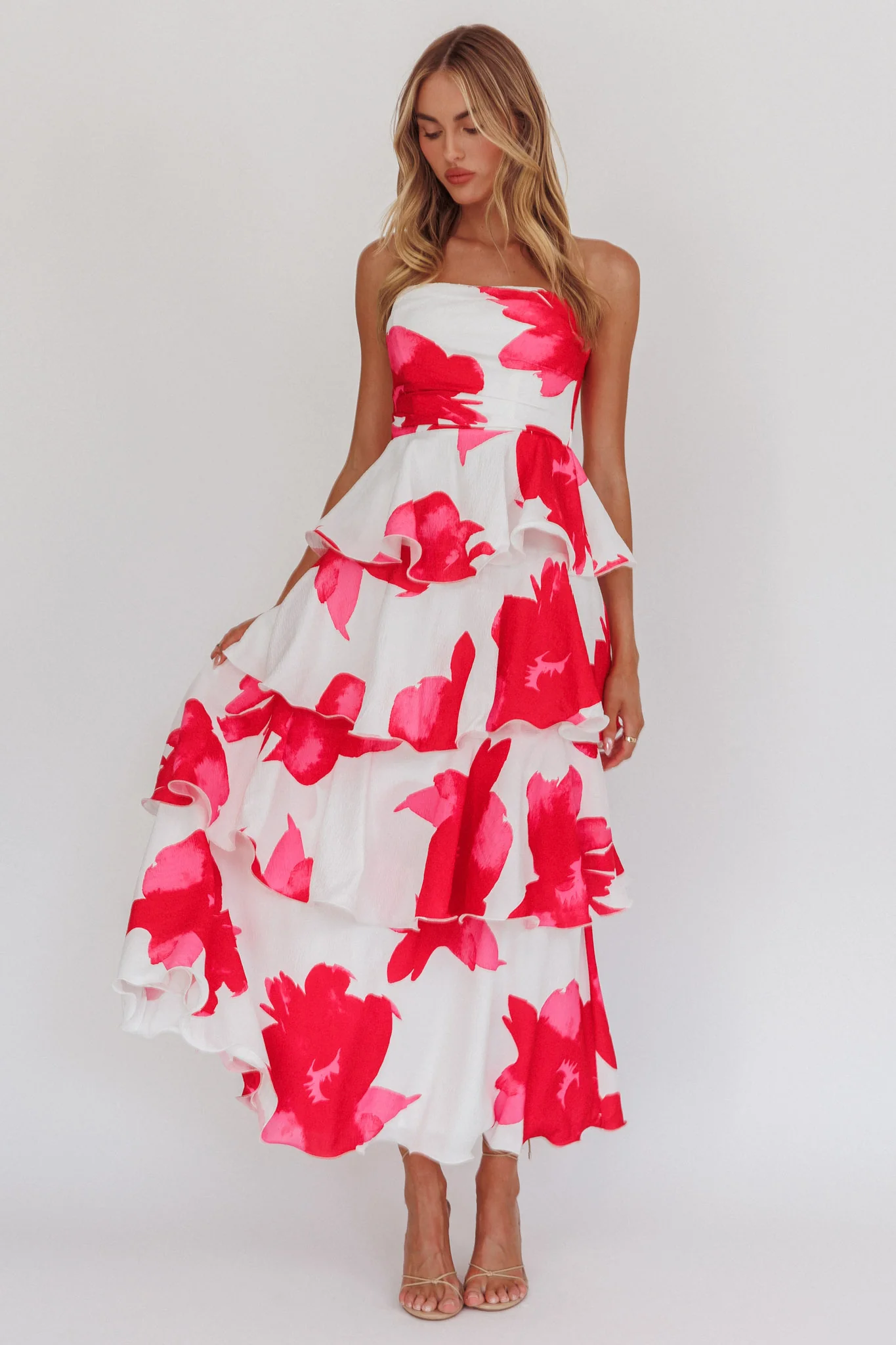 Giavana Strapless Layered Midi Dress Floral Red