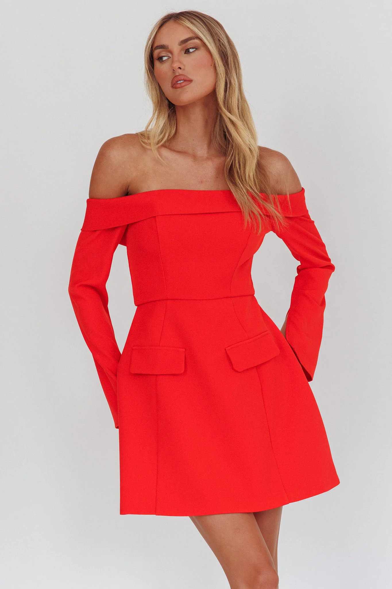 Laviniah Foldover Long Sleeve Mini Dress Red