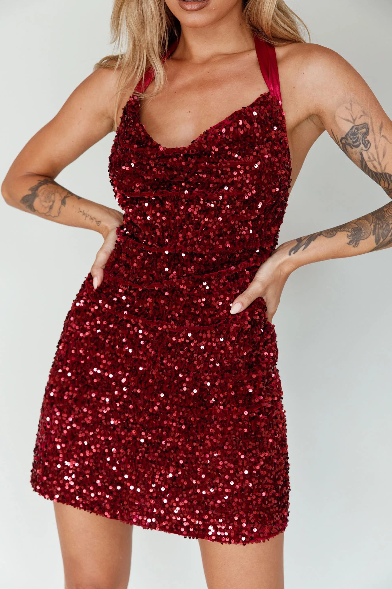 Star Lights Halterneck Mini Dress Sequin Merlot