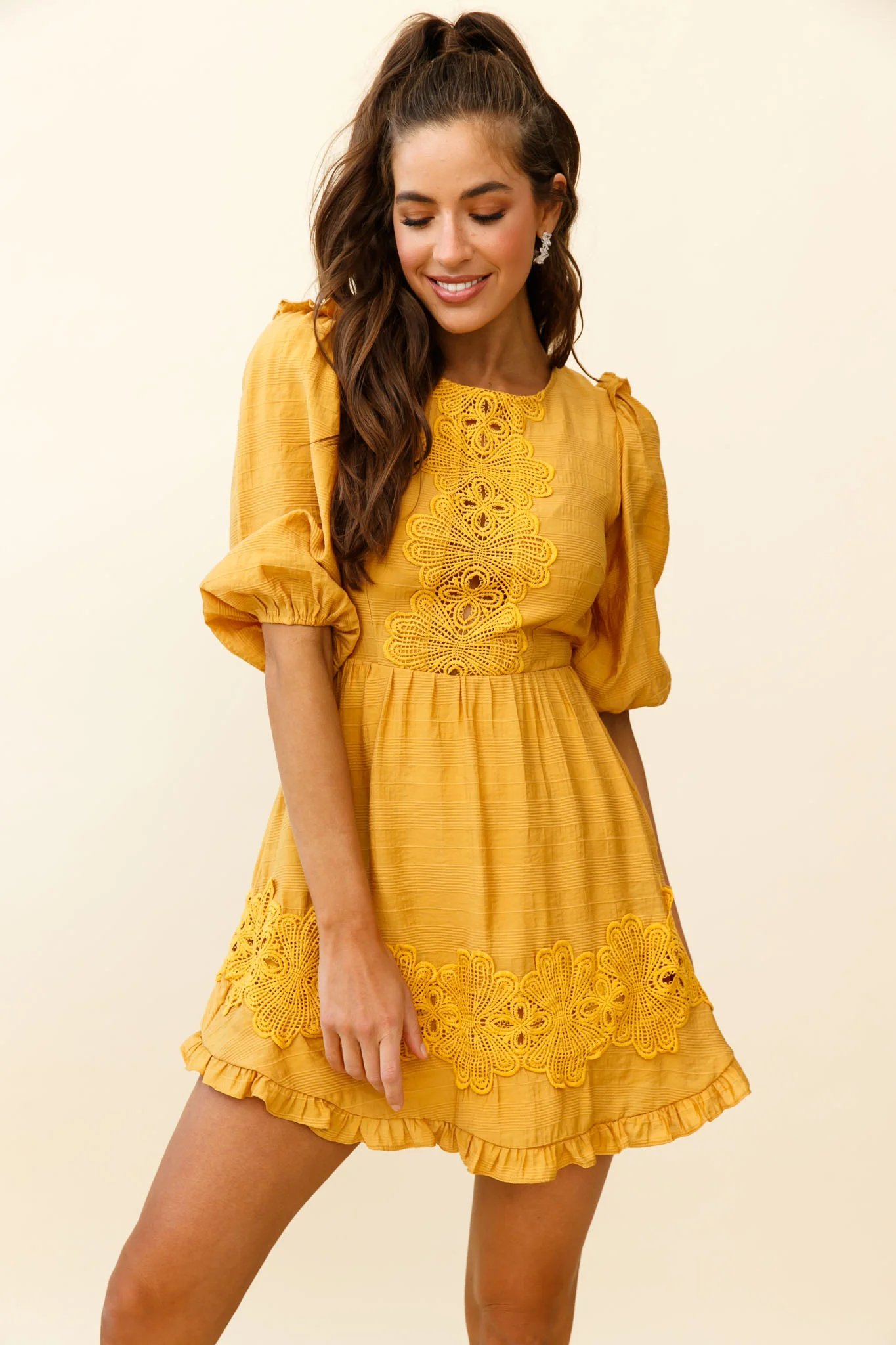 Sunday Morning Applique Embellished Open Back Dress Yellow
