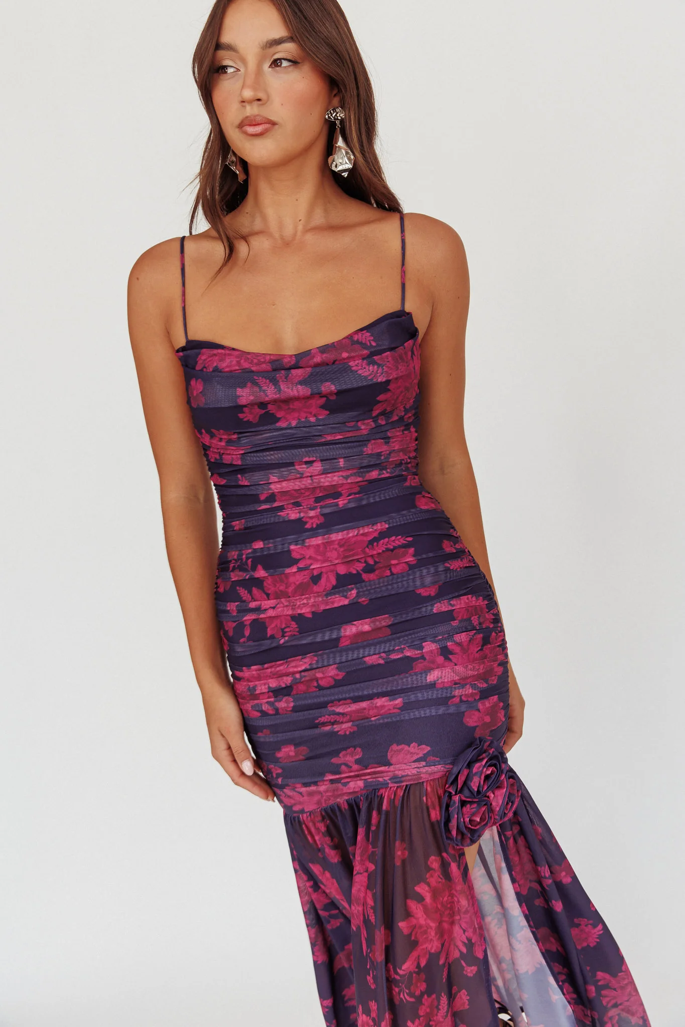 Stole The Show Ruched Mesh Maxi Dress Floral Grape