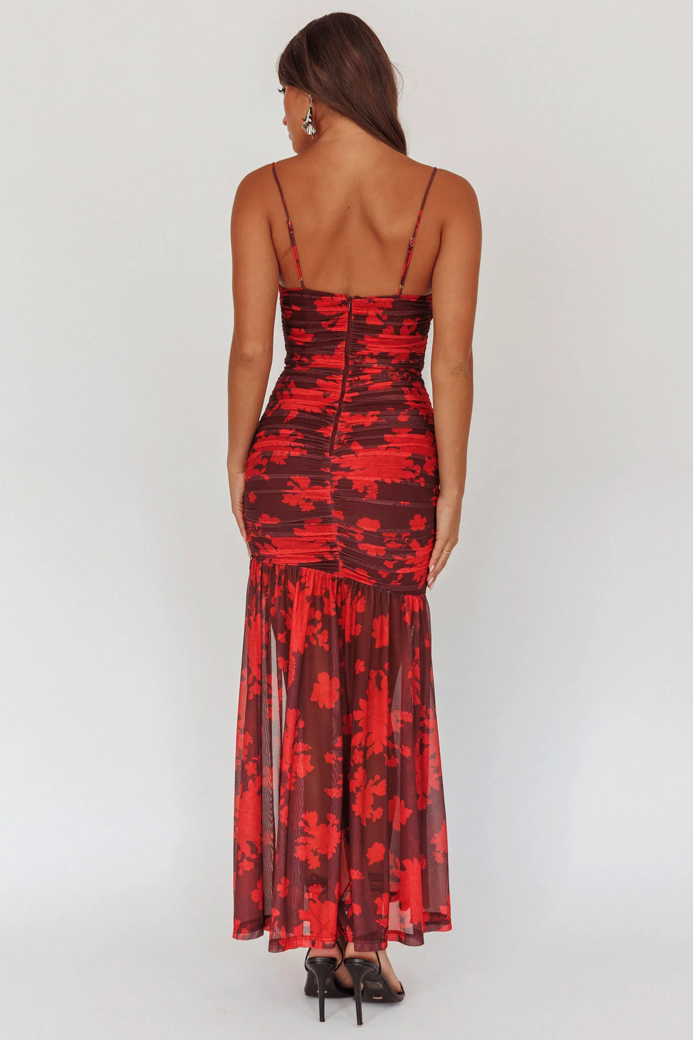 Stole The Show Ruched Mesh Maxi Dress Floral Red