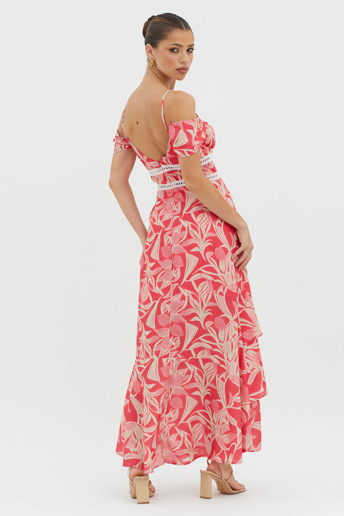 Seina Off-Shoulder Crochet Trim Dress Print Red