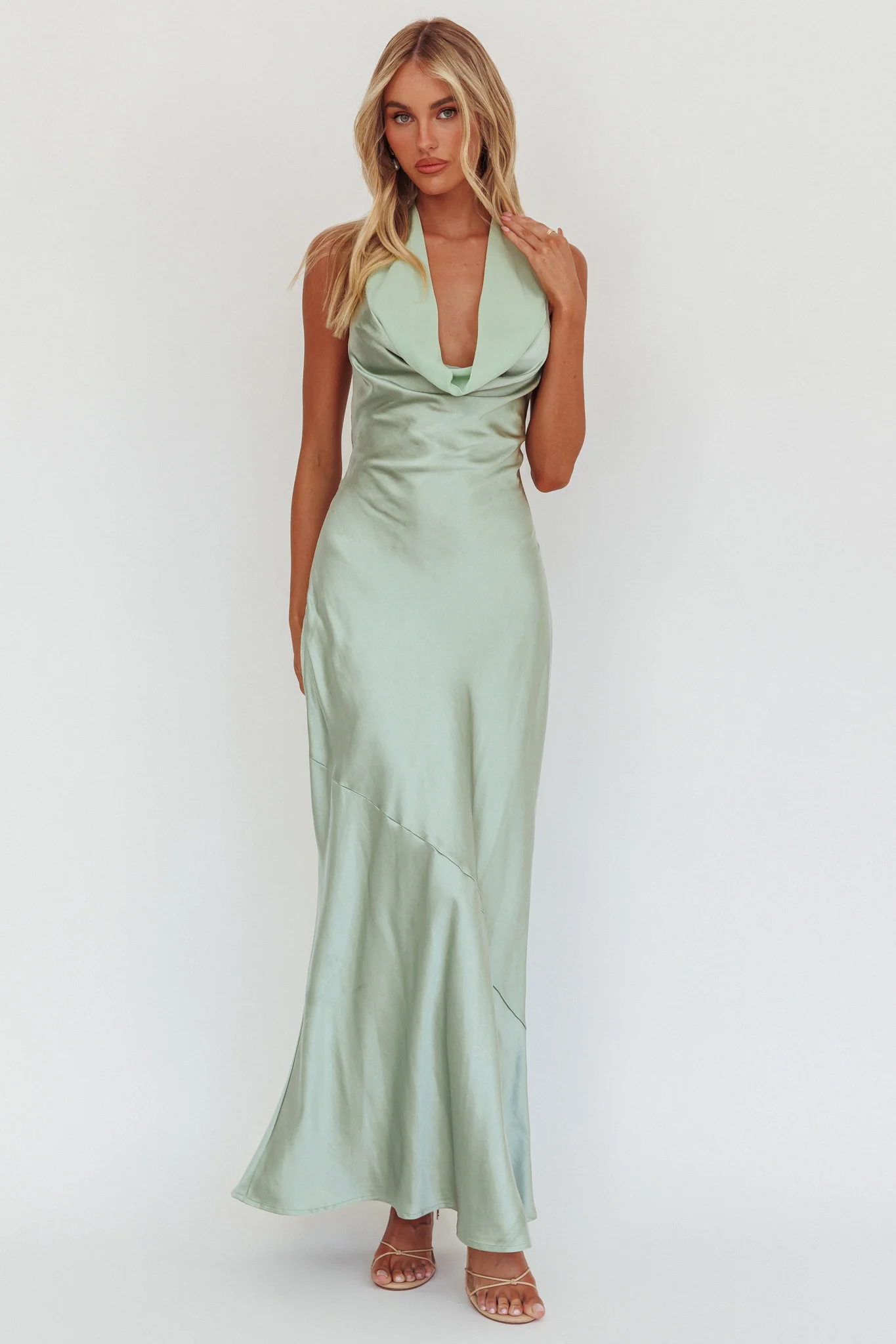 Leading Lady Open Back Cowl Maxi Dress Sage