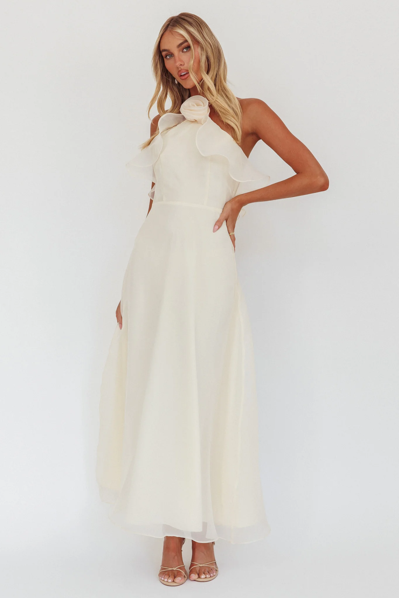 Cordially Invited Ruffle Neckline Rosette Maxi Vanilla