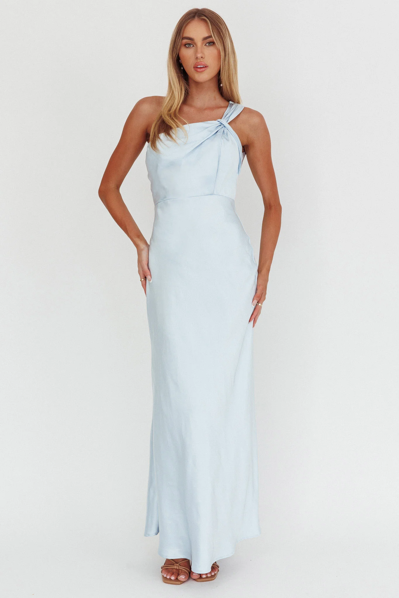 Fly Love Satin One Shoulder Maxi Dress Sky Blue