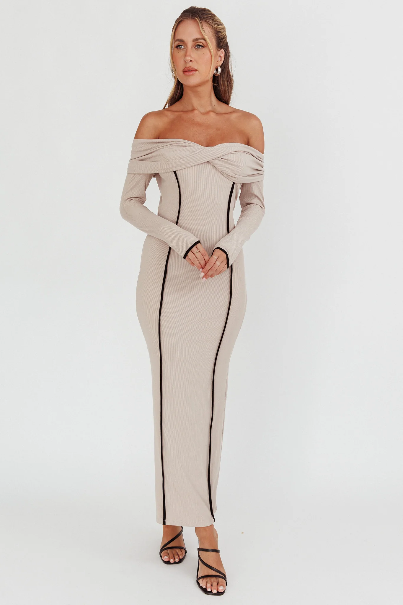 Genesis Off-Shoulder Long Sleeve Maxi Dress Pebble