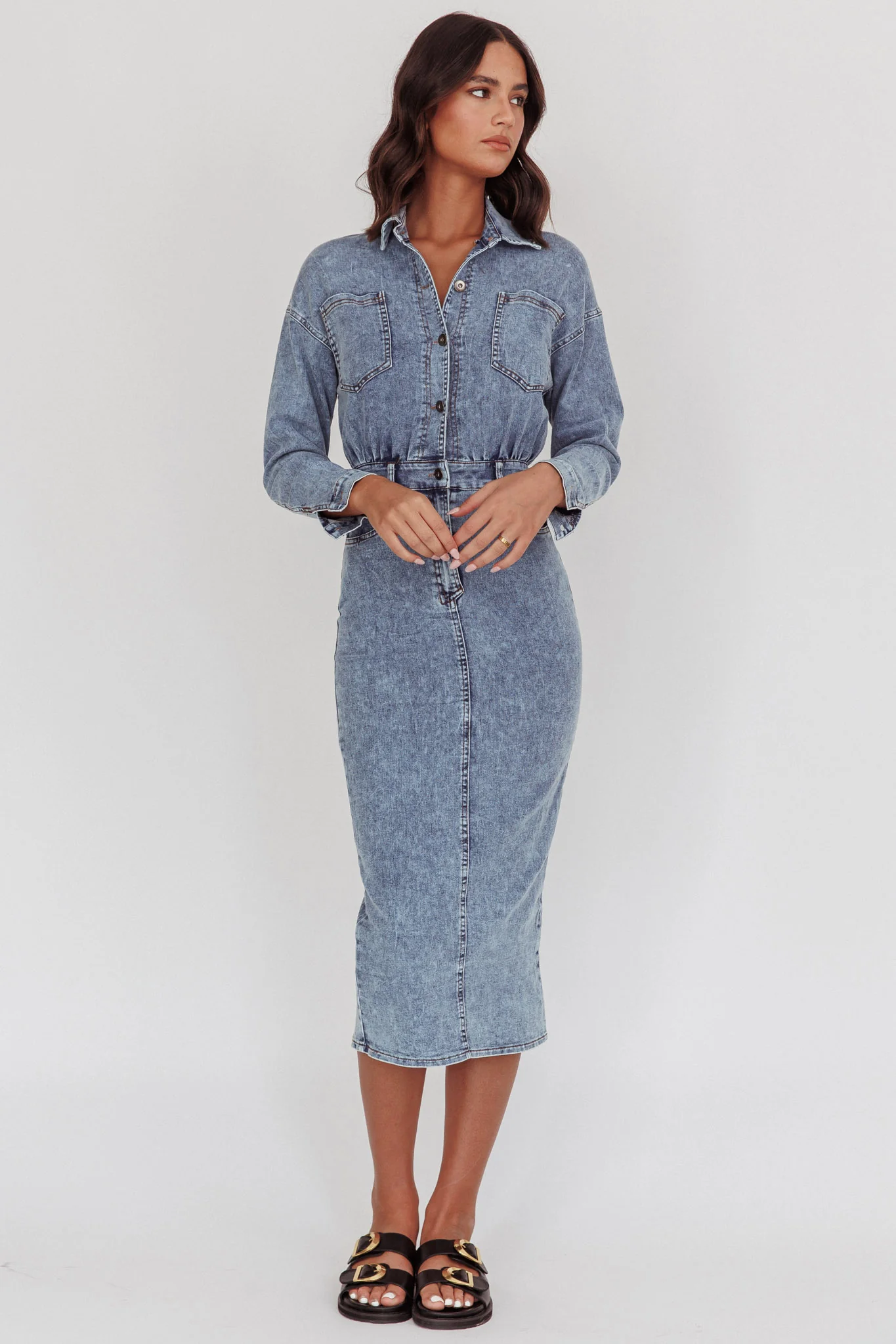 Light Inside Long Sleeve Midi Dress Denim Blue