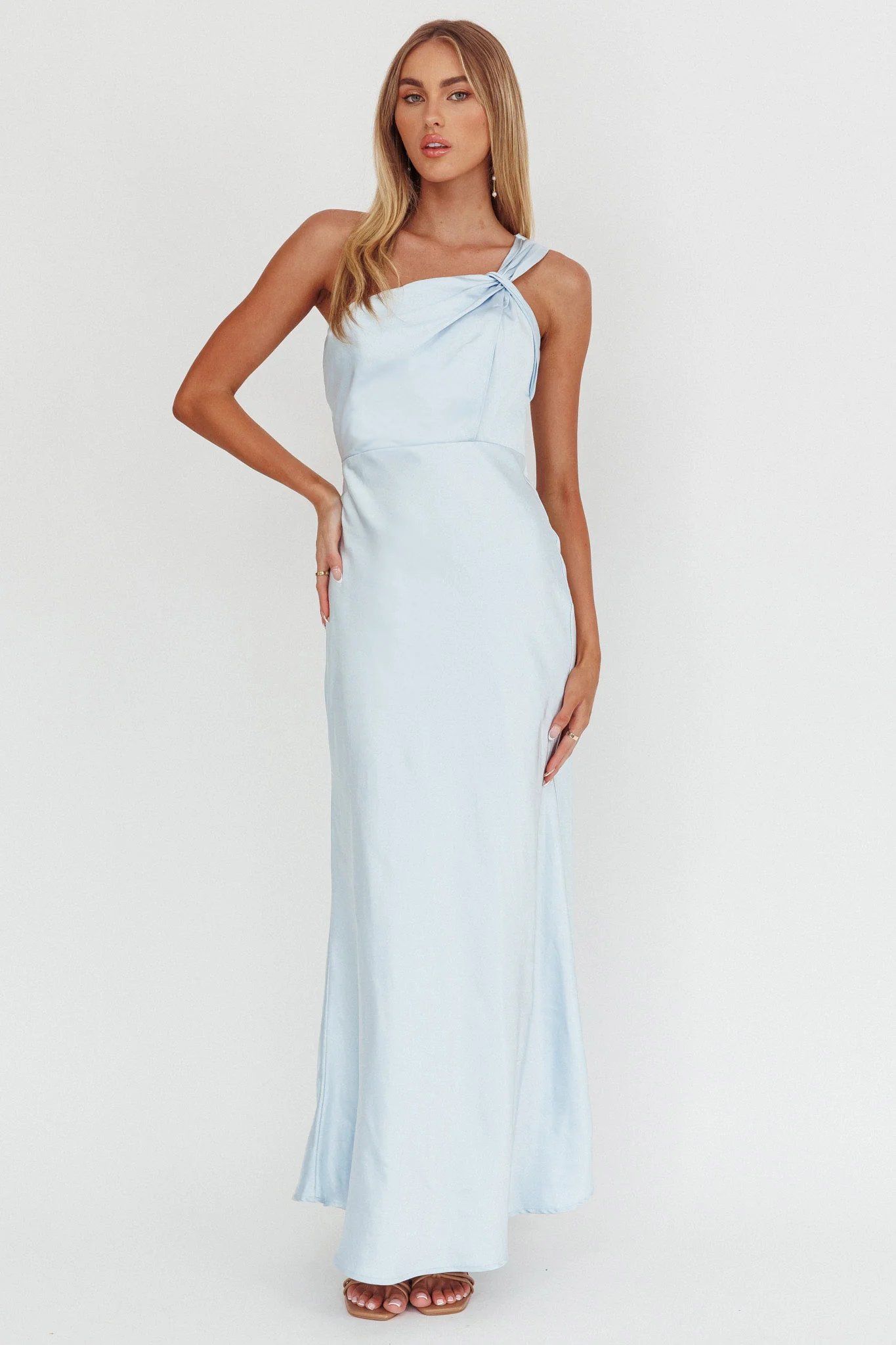 Fly Love Satin One Shoulder Maxi Dress Sky Blue