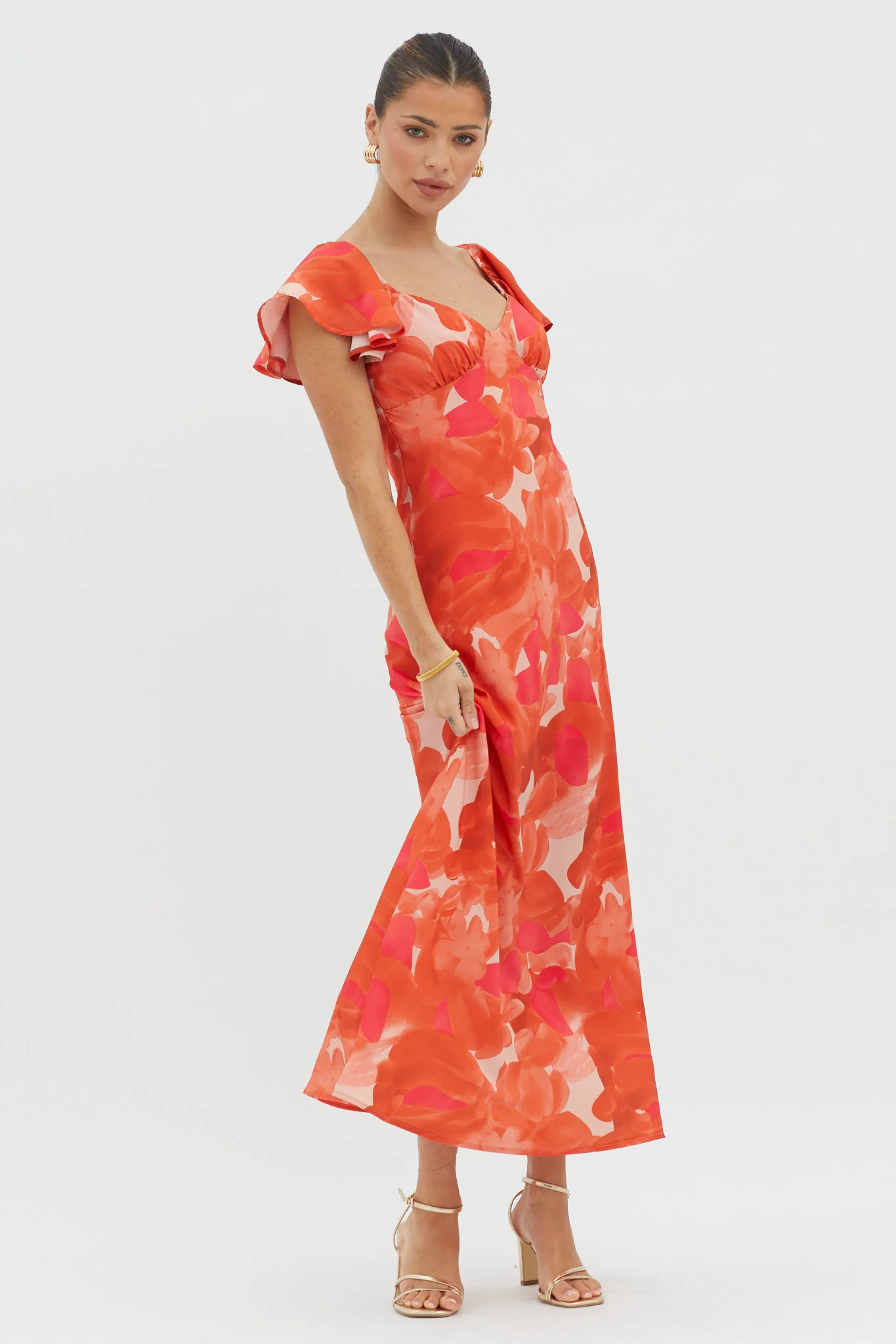 Park Avenue Flutter Sleeve Midi Dress Abstract Orange