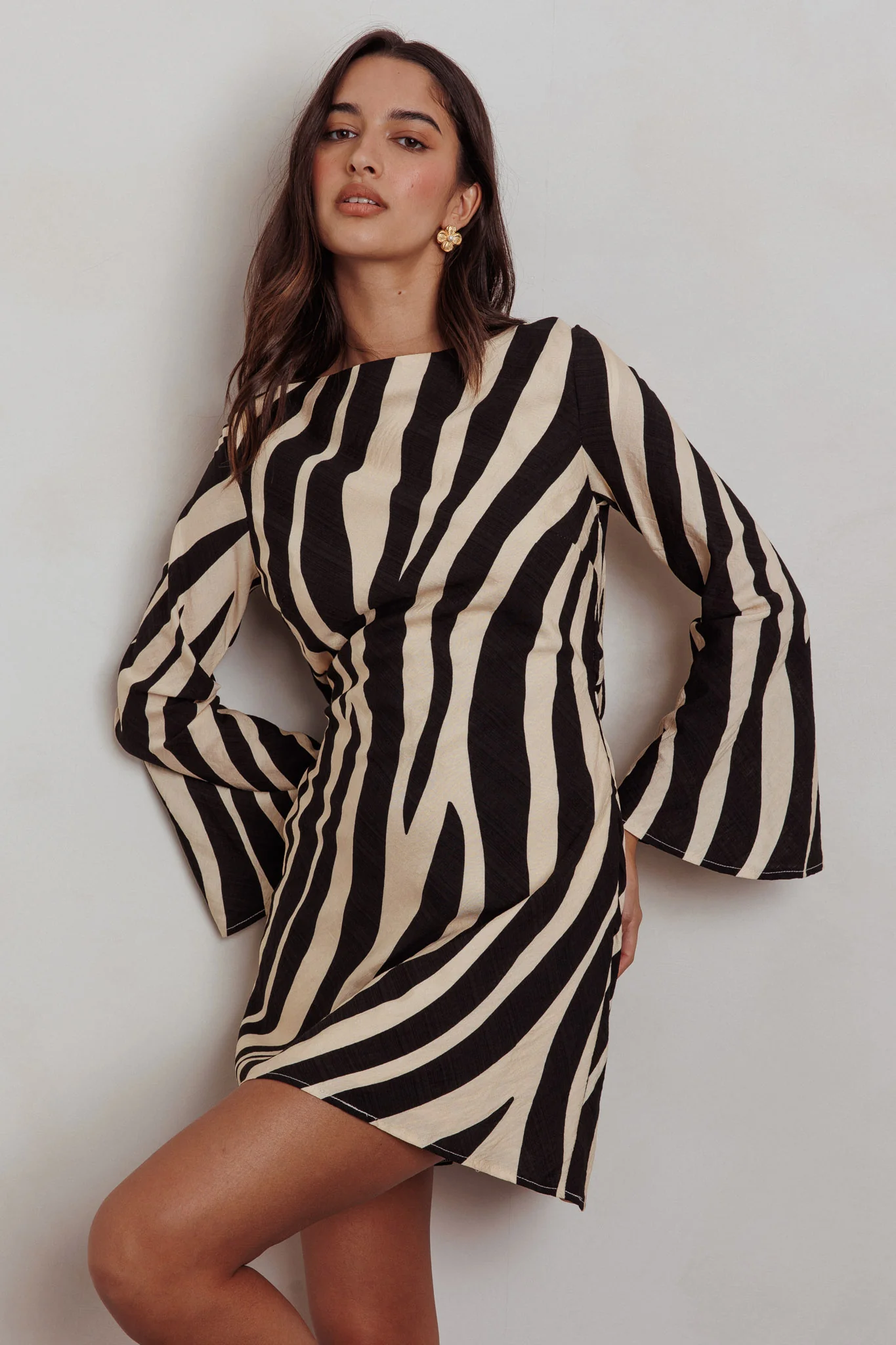 Thriller Long Sleeve Backless Mini Dress Zebra