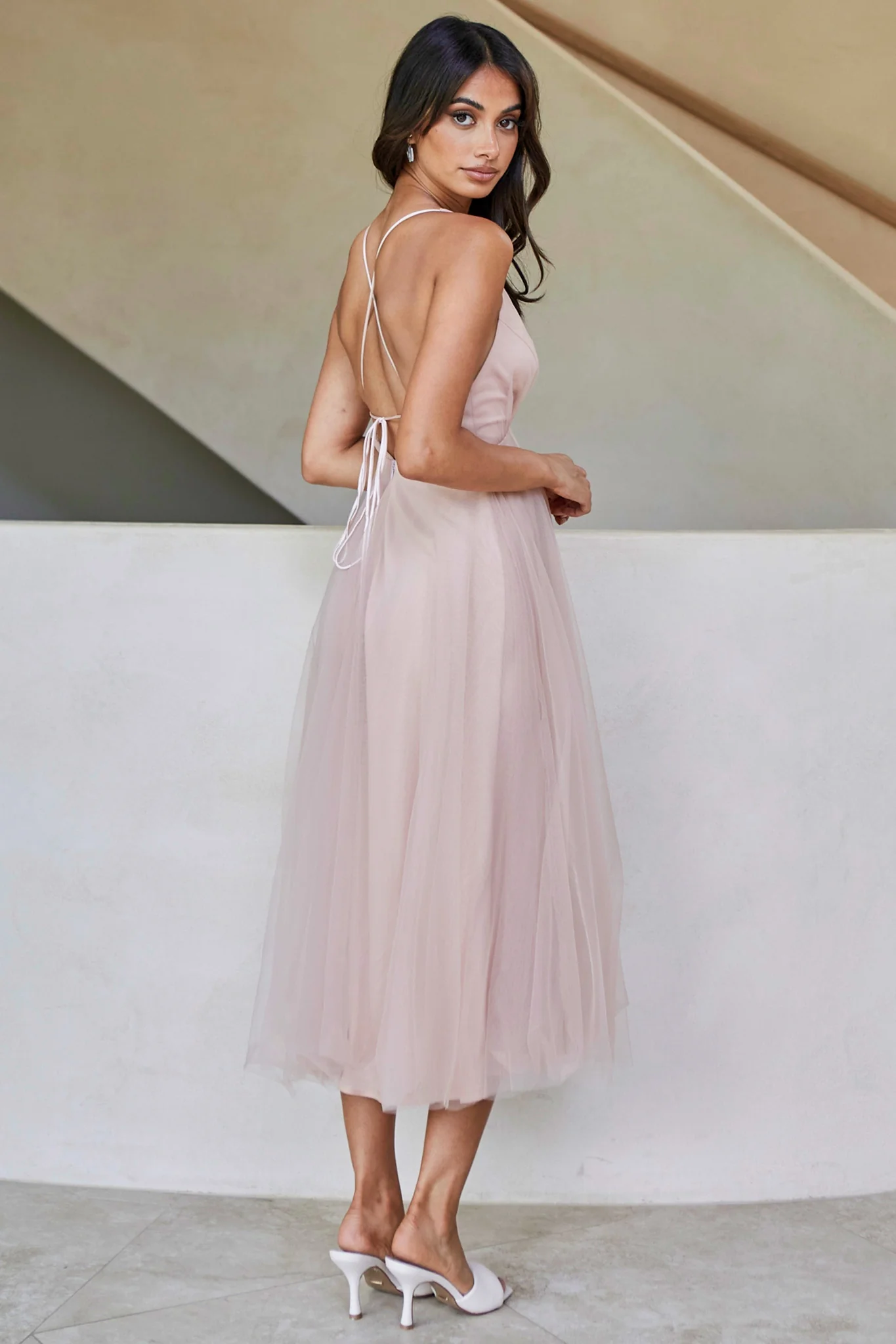 Floating By Plunging Neckline Mesh Overlay Midi Dress Apricot