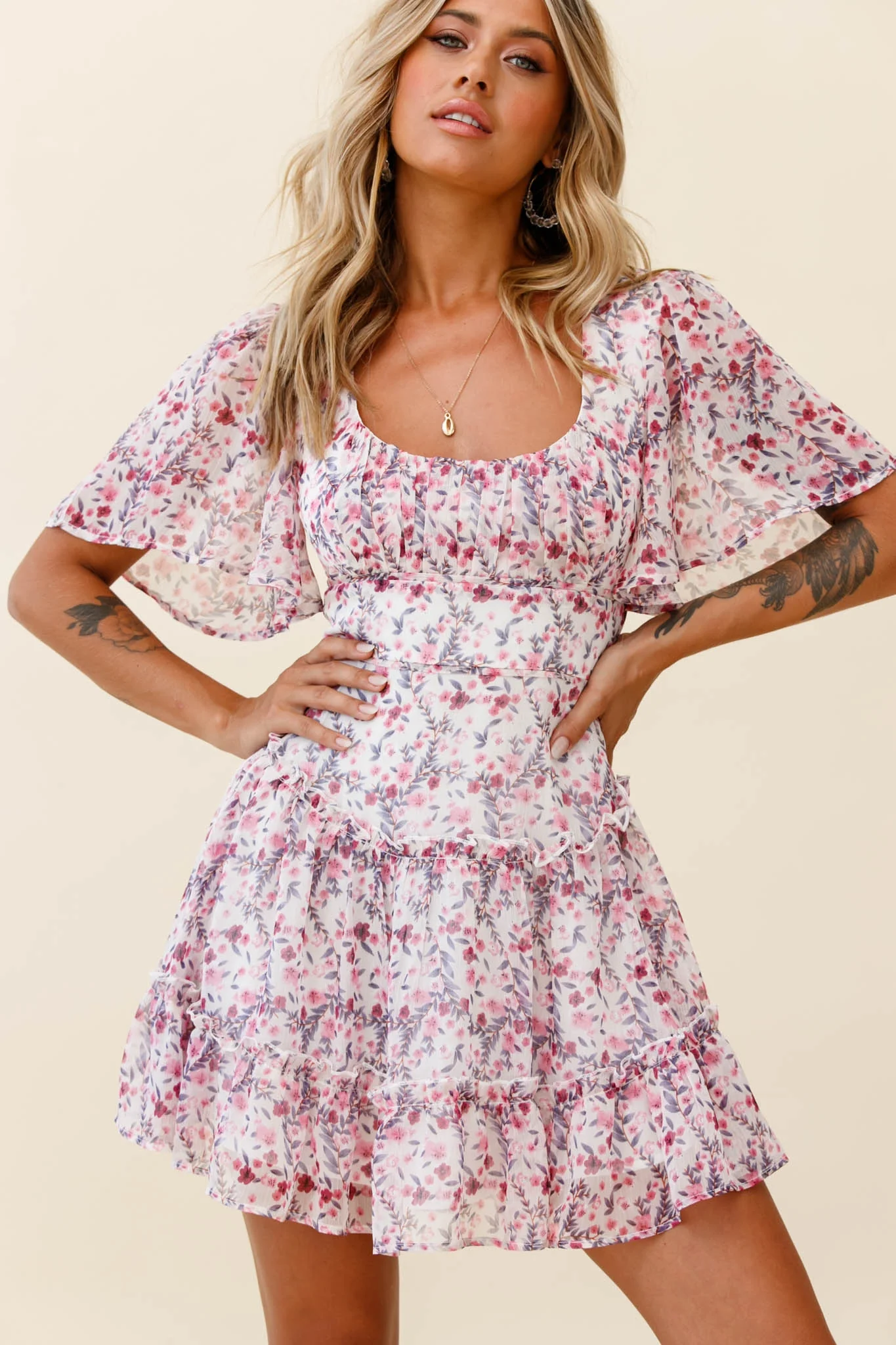 Stolen Moments Angel Sleeve Ruffle Dress Floral Print Pink Multi