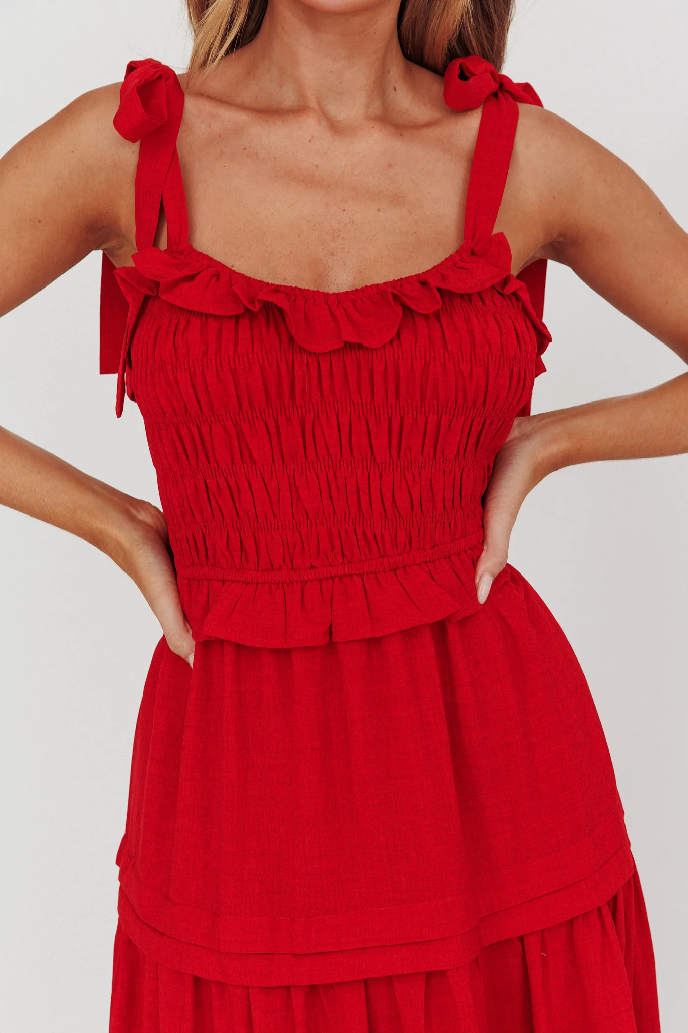 Paprika Tied Shoulder Shirred Midi Dress Red