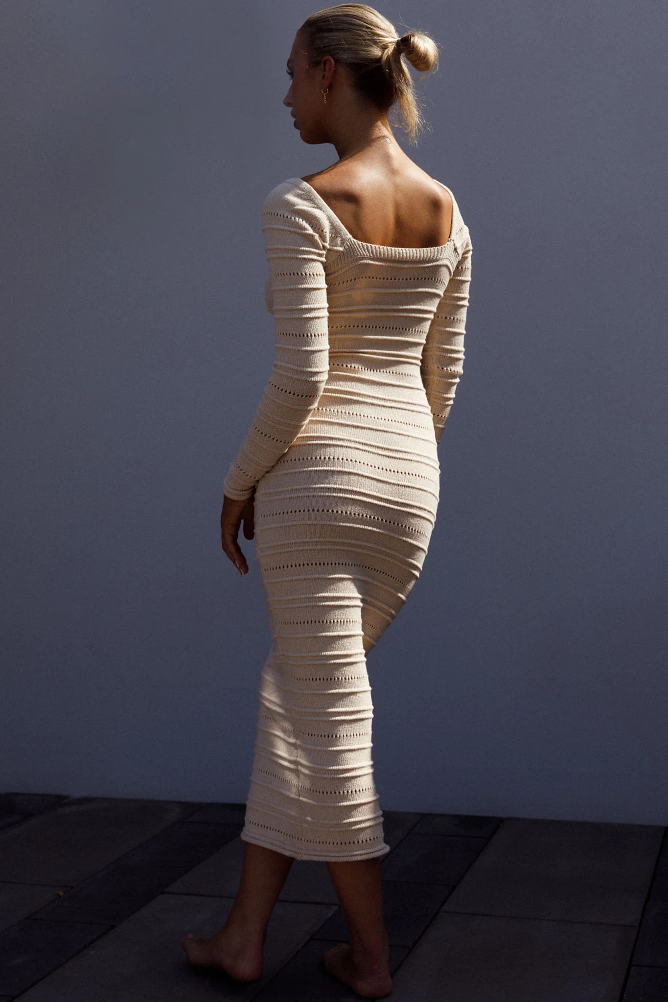 Beachside Crochet Knit Long Sleeve Midi Dress Oat