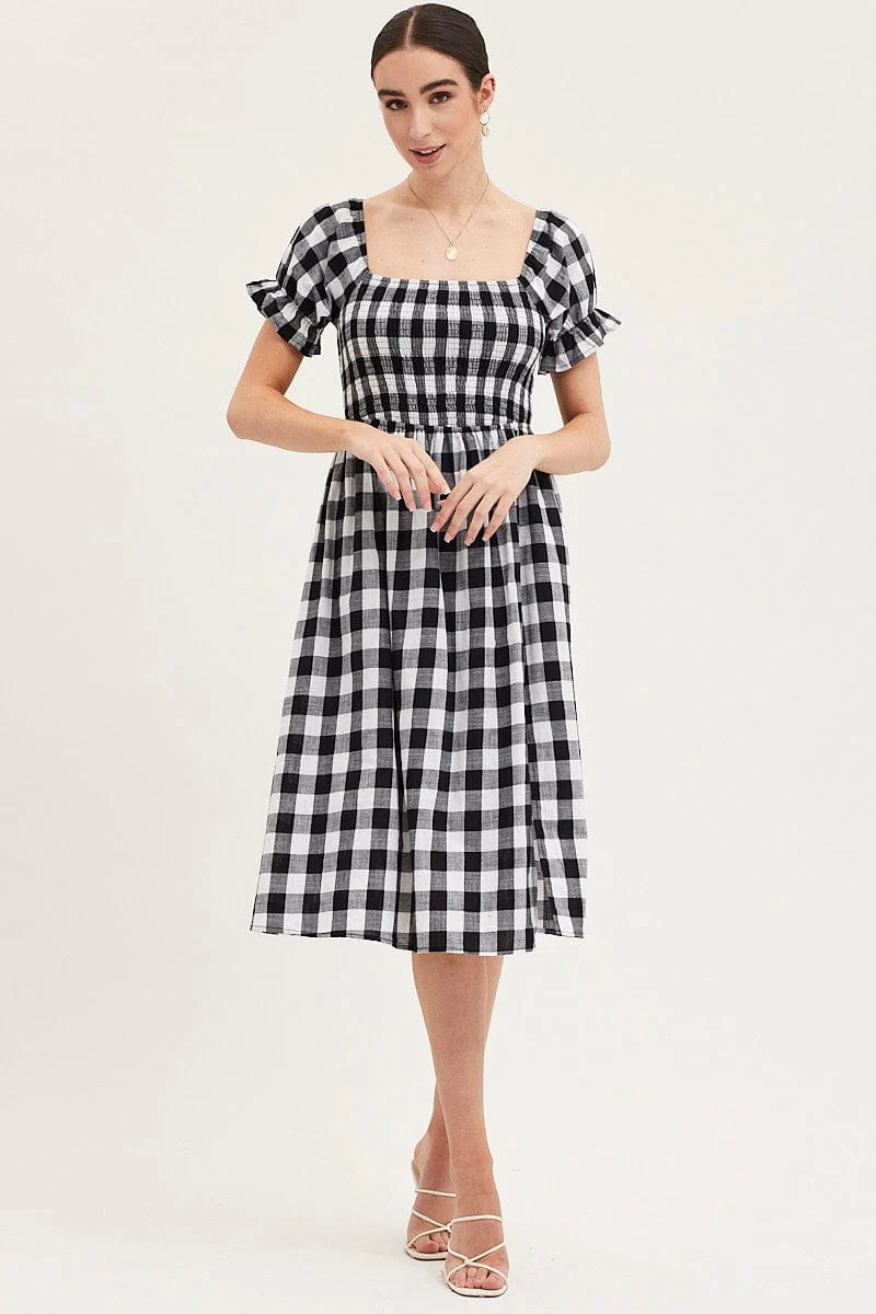 Check Shirred Dress Short Sleeve Midi