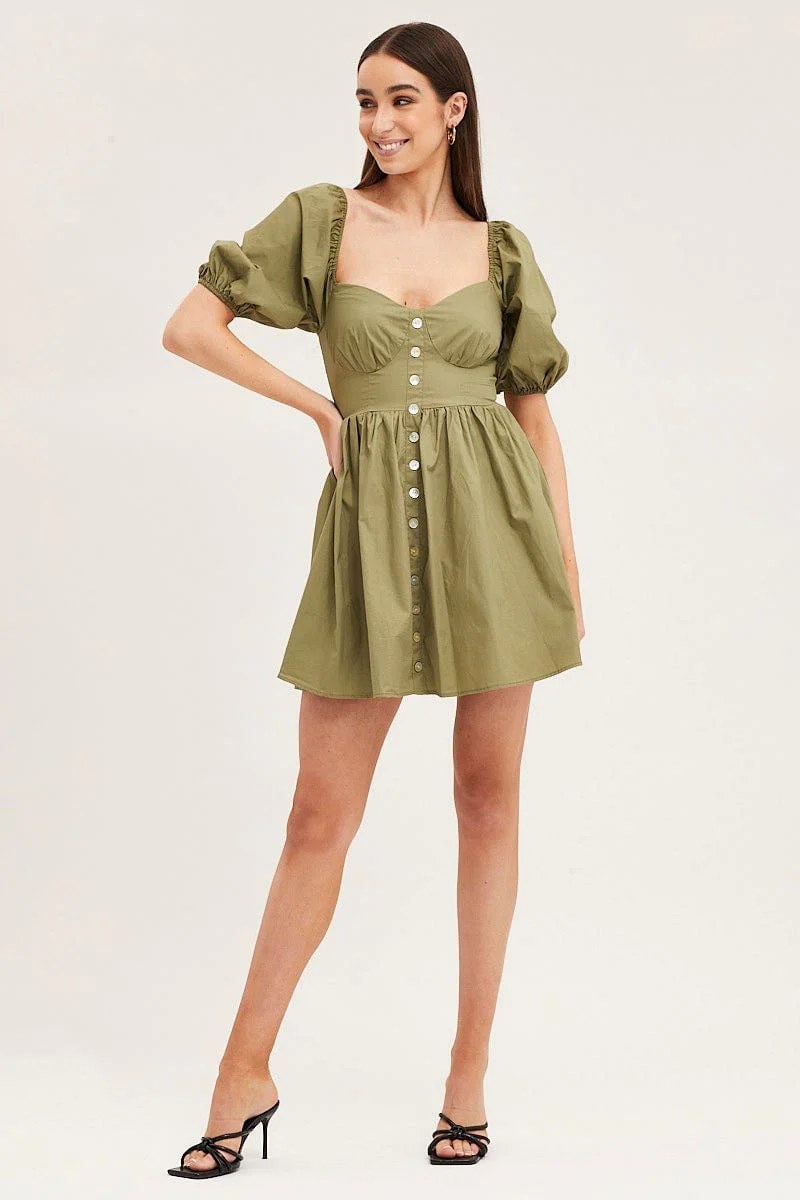 Green Skater Dress Puff Sleeve Mini Sweet Heart Neck