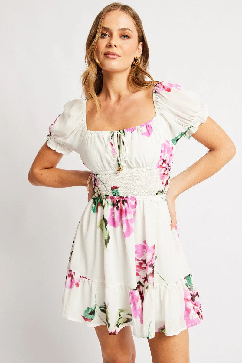 Purple Floral Fit And Flare Dress Mini