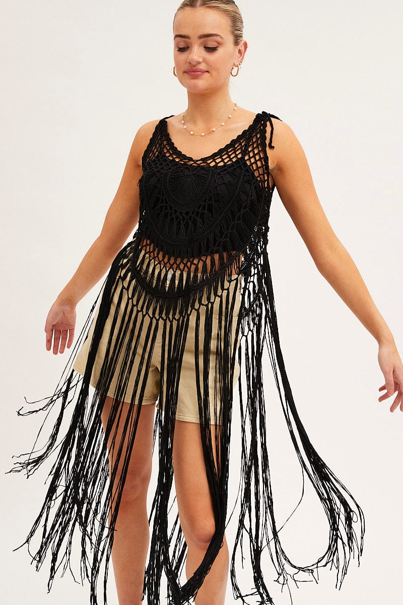 Black Crochet Beach Pullover Dress Cover Up