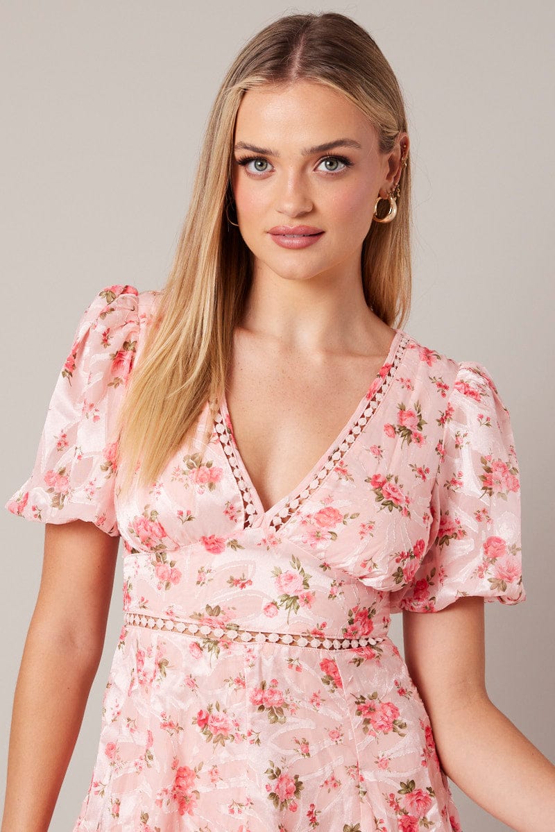 Pink Floral Fit And Flare Dress Puff Sleeve Mini