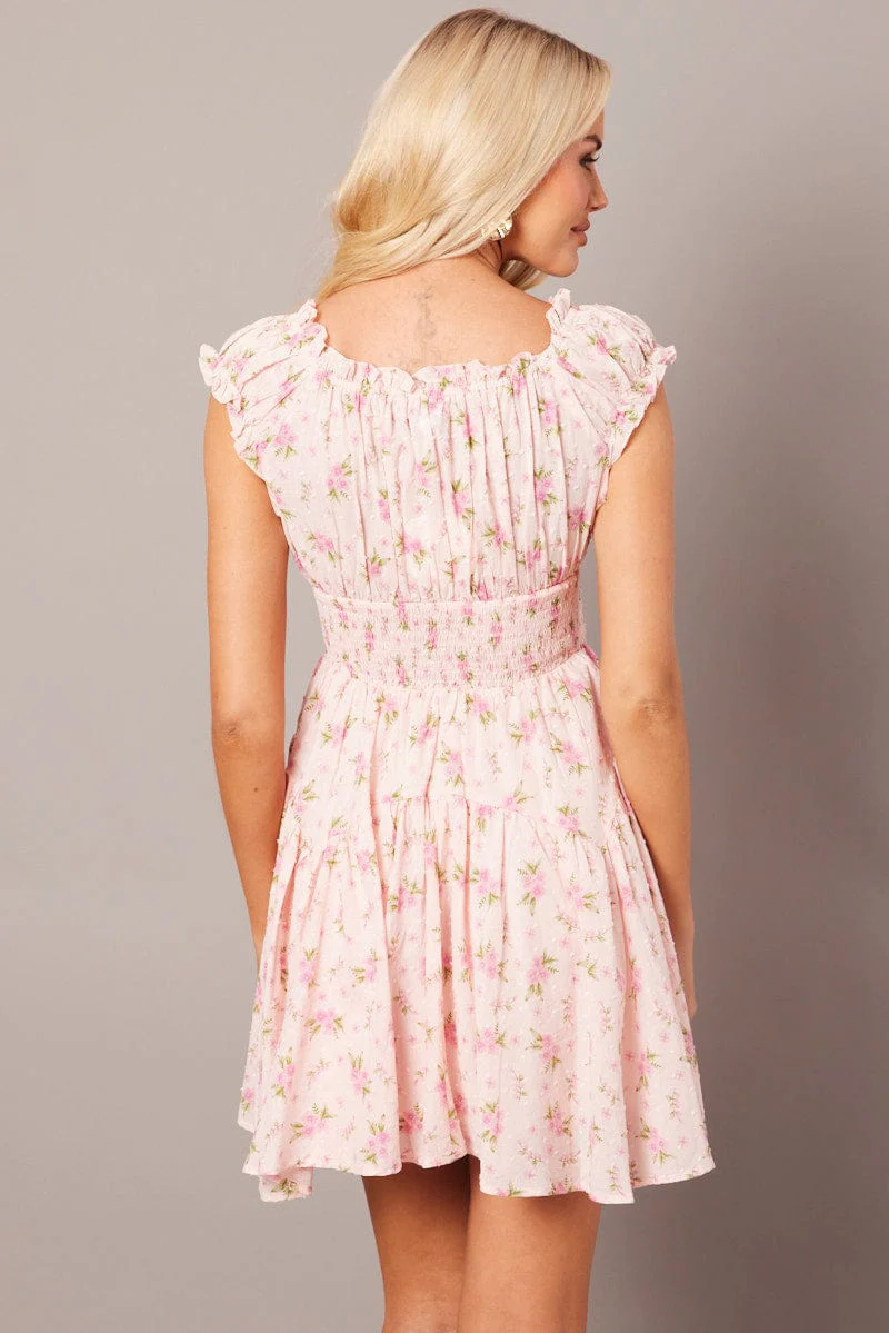 Pink Floral Fit And Flare Dress Puff Sleeve