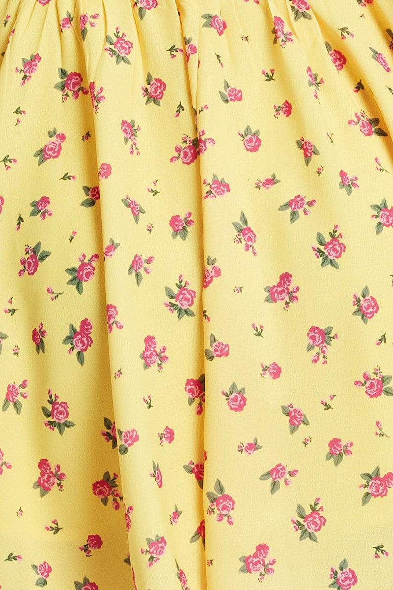 Yellow Floral Fit and Flare Dress Sleeveless Lace Trim