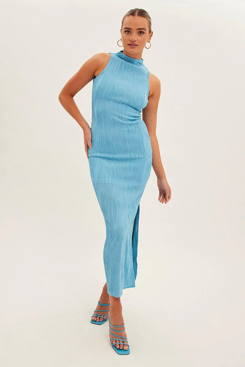 Blue Maxi Dress High Neck Sleeveless