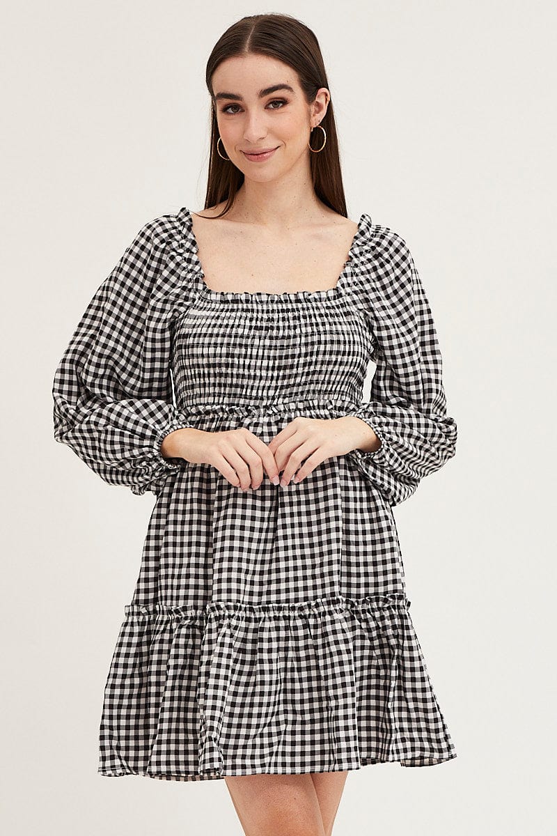 Check Shirred Skater Dress