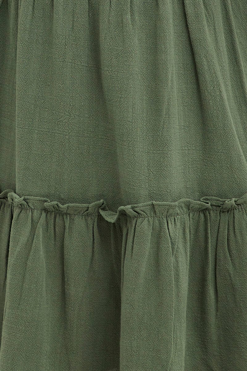 Green Dress Square Neck Short Sleeve Tiered Button Front
