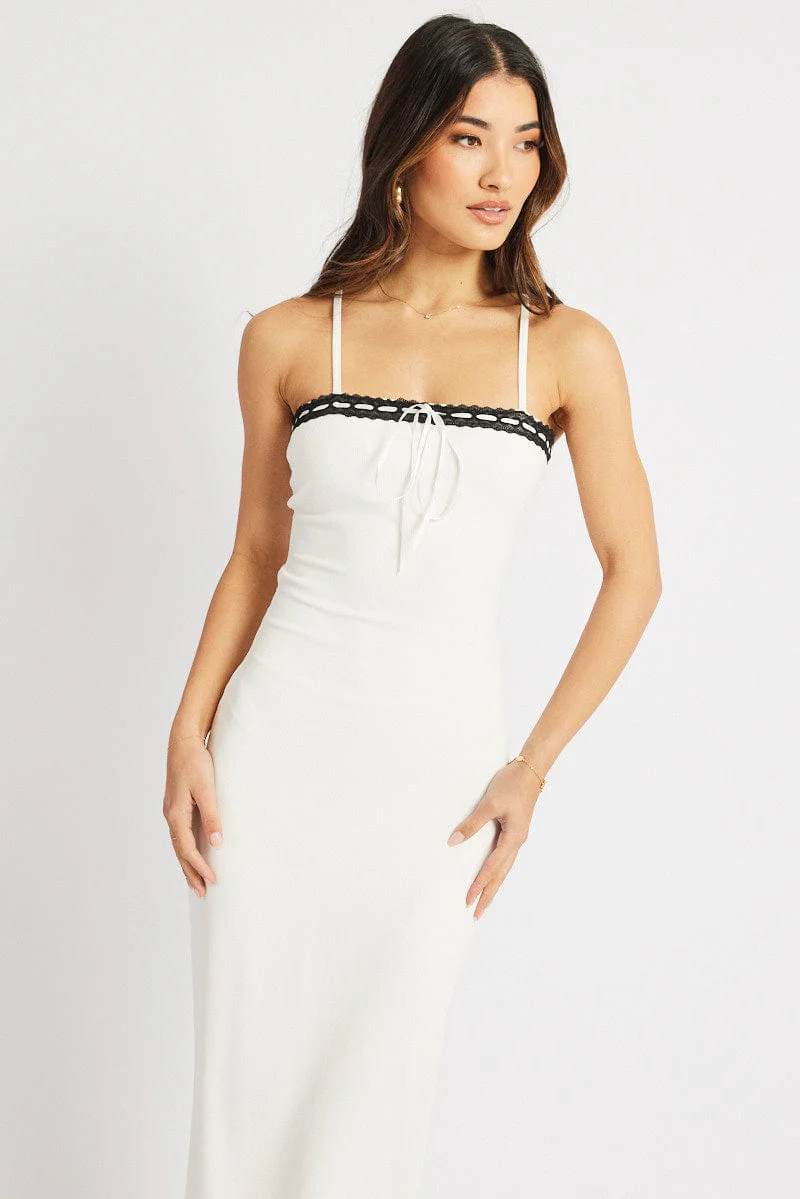 White Bodycon Dress Maxi Ribbon Trim