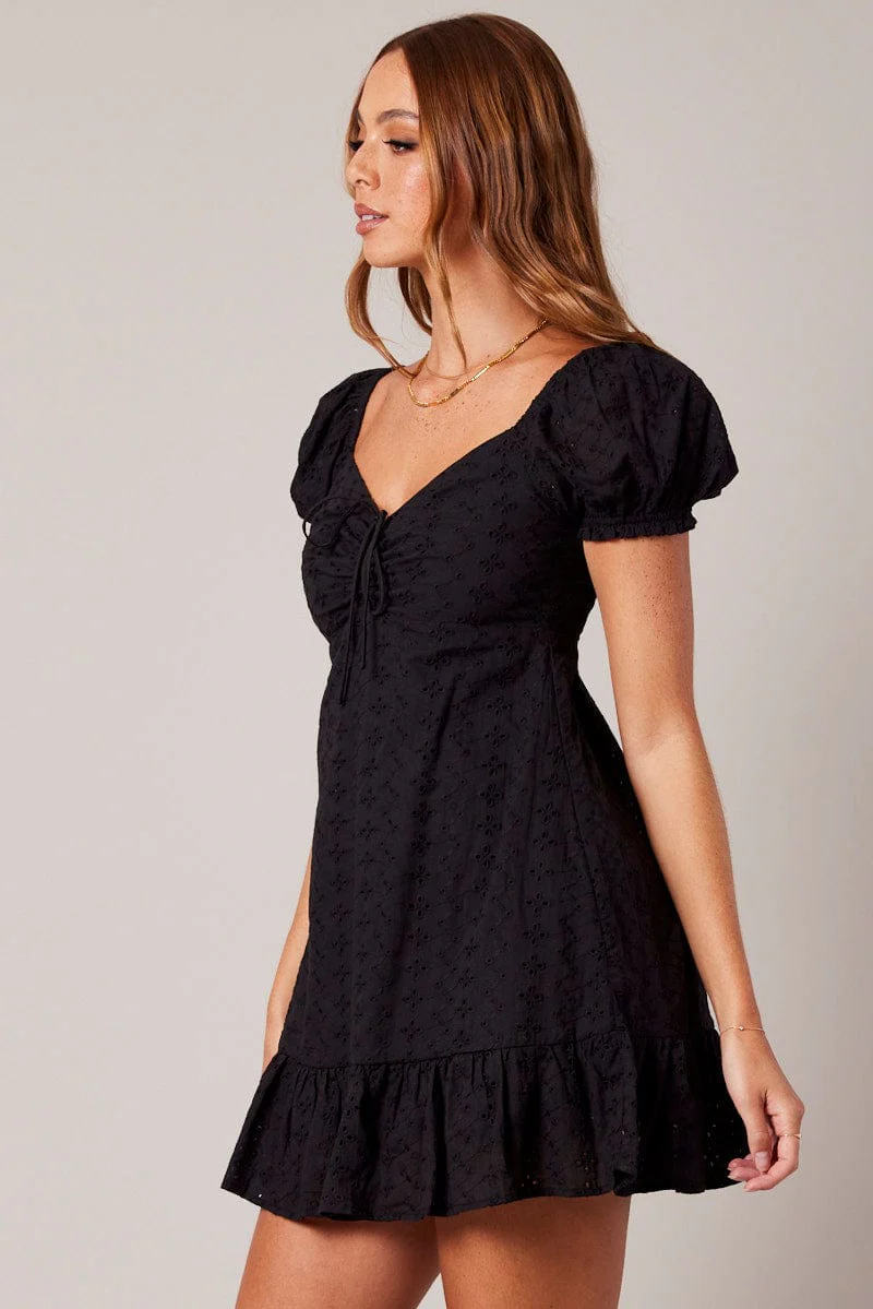 Black Fit And Flare Dress Puff Sleeve Mini