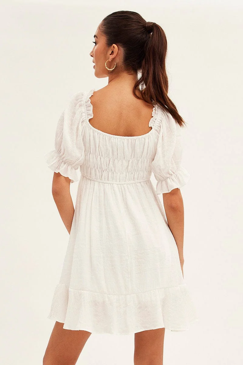 White Gathered Bust Skater Dress