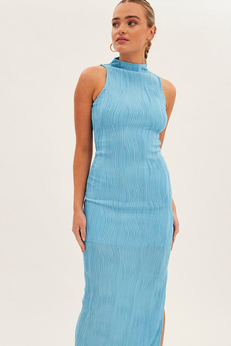 Blue Maxi Dress High Neck Sleeveless