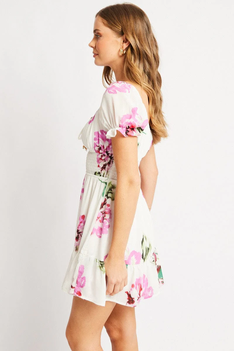 Purple Floral Fit And Flare Dress Mini