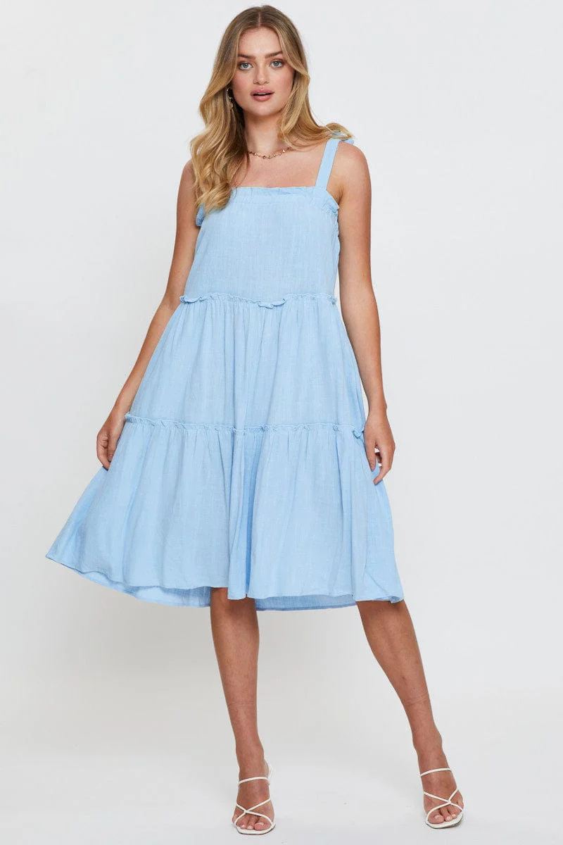 Blue Midi Dress Sleeveless Tie Shoulder