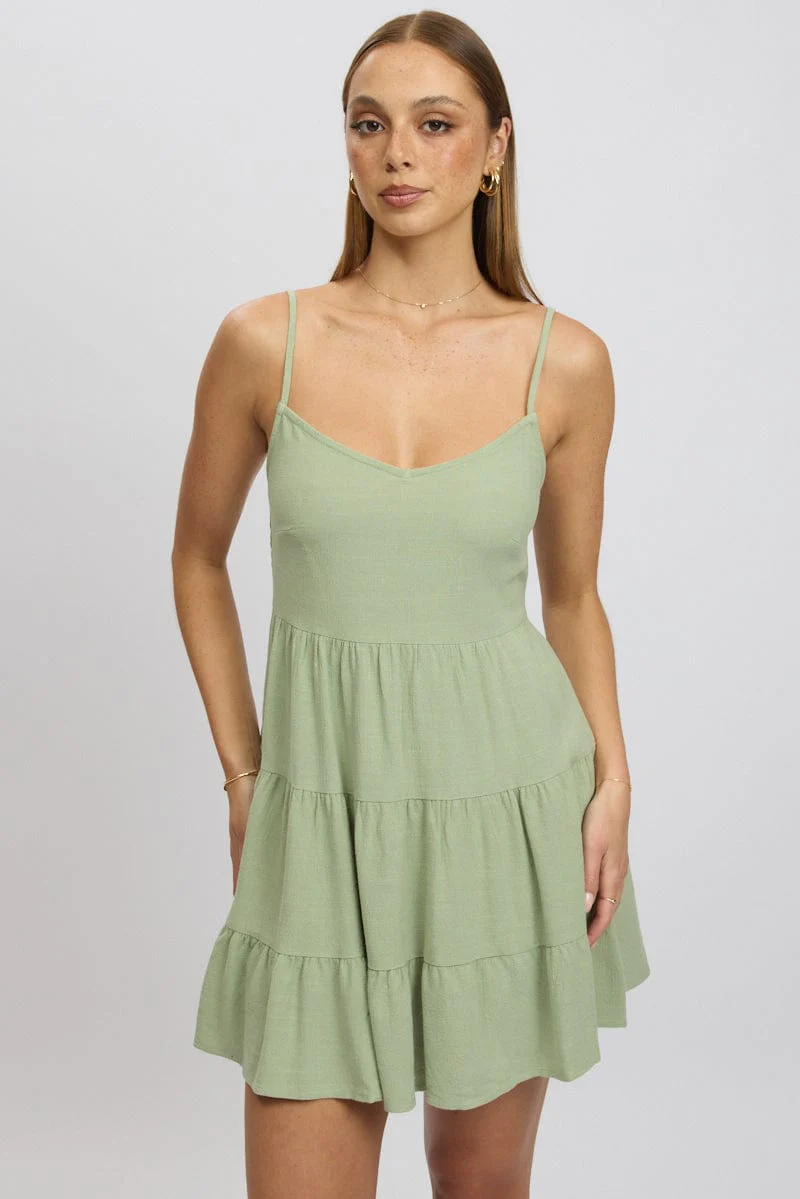 Green Mini Dress Tiered Strappy