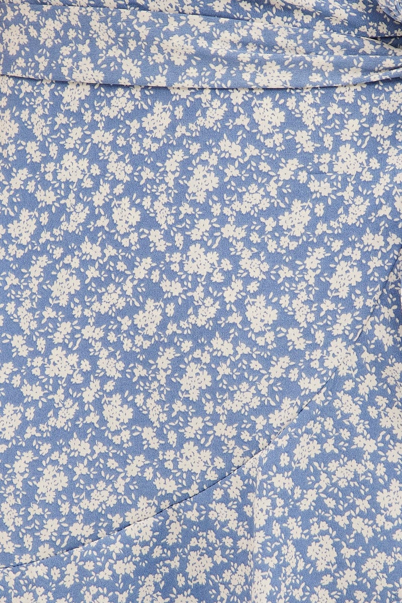 Blue Floral Wrap Dress Short Sleeve Mini Fit And Flare